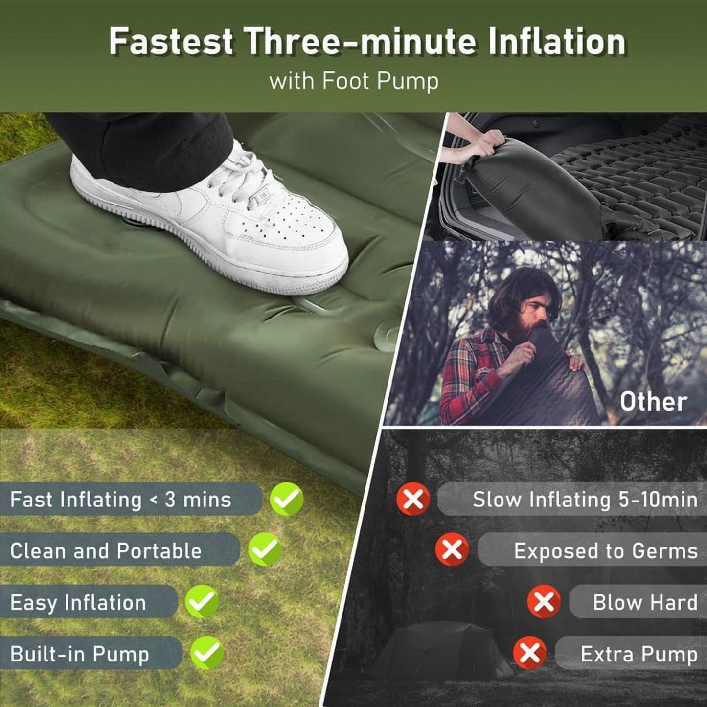 Aship 5.5" Thick Double Sleeping Pad, Inflatable Double Sleeping Mat Camping with Foot Pump & Pillow, 800 lbs Camping Mattress for Backpacking, Hiking, Traveling, Tent, 40D Nylon + TPU Coating, Green