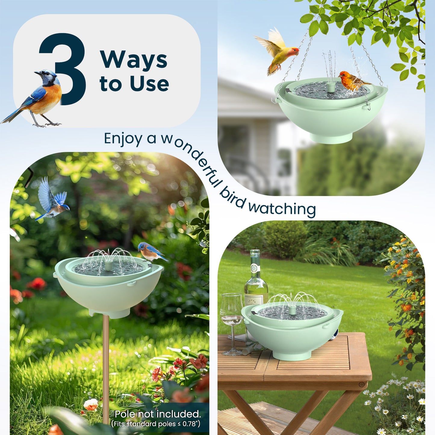 Aship Smart Bird Bath with Water Fountain, 2L Solar Bird Bath with Water Circulating Filtration & Battery Backup, 3 Fountain Modes Dry-Burning Protection Birdbath for Courtyard