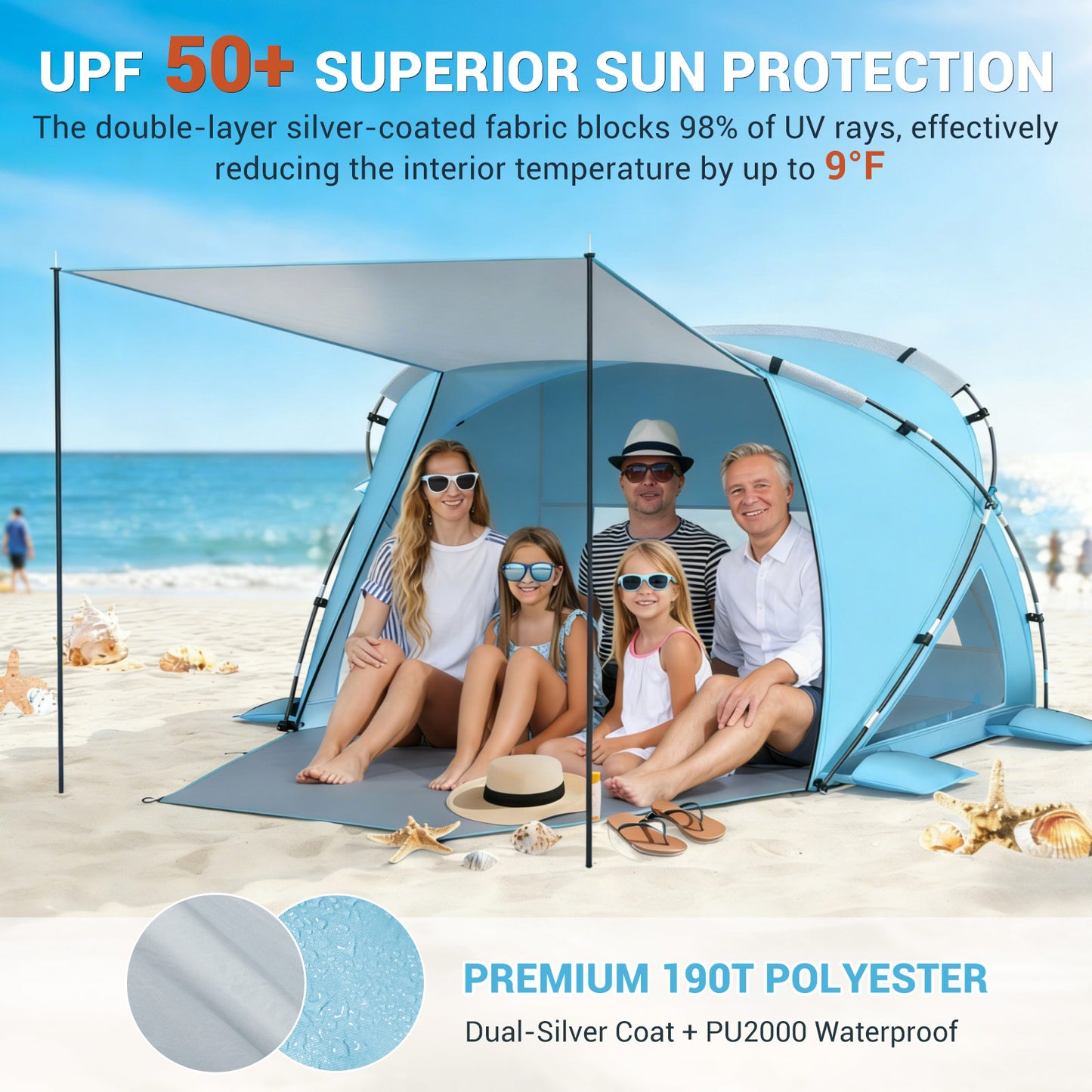 Aship Beach Tent for 6-7 Person, UPF 50+ Sun Shelter with 360° Ventilation & Large Canopy, Easy Setup Waterproof & Portable Tent for Beach Adventures