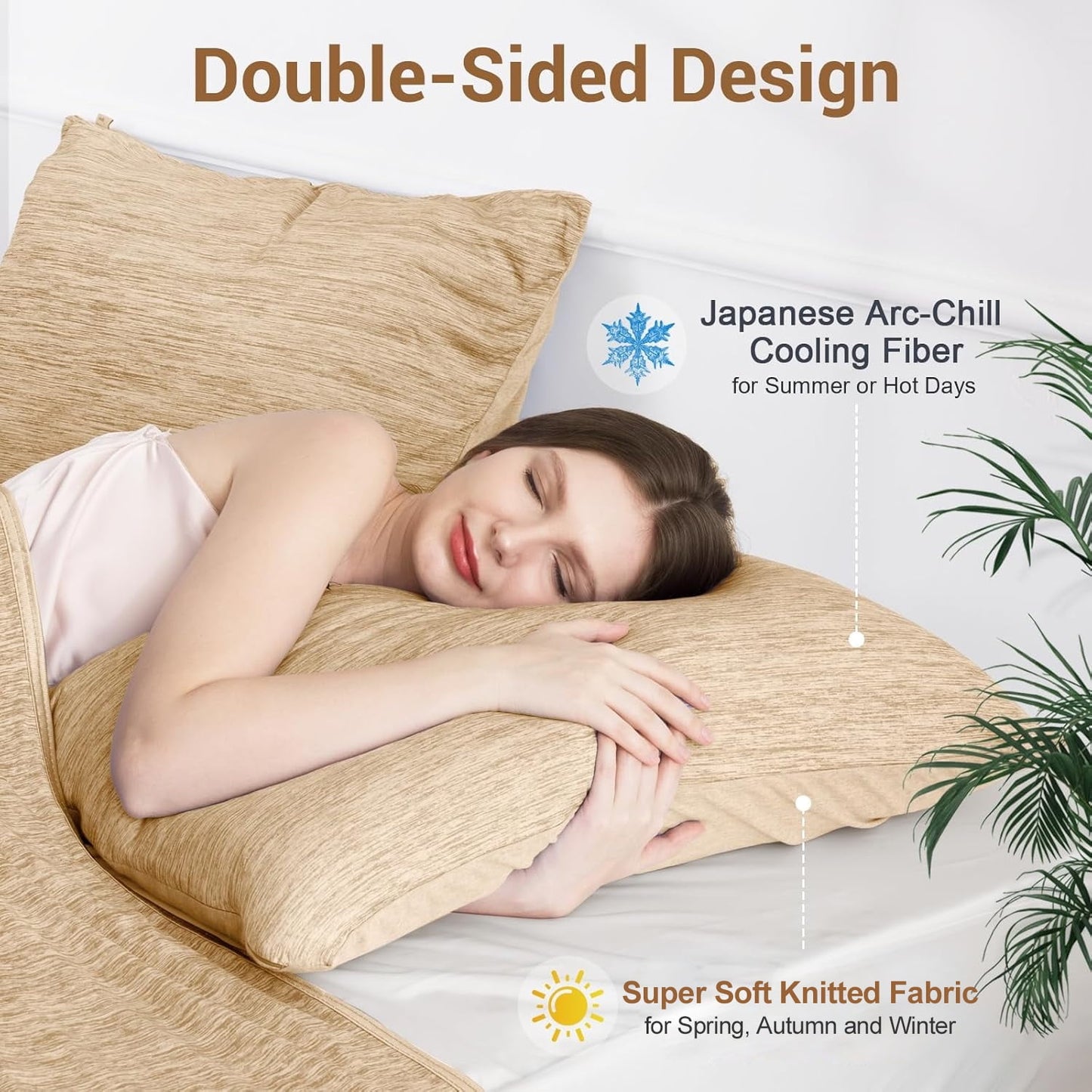 Aship Arc-Chill Cooling Pillow Cases, Q-Max >0.45 Jade-Infused Dual-Sided Summer Cooling Pillowcase, Smoother Skin & Frizz-Free Hair, Hidden Zipper, Machine Washable, King 20''x36'', 2 Pack Beige