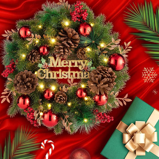 Aship Christmas Wreath with Lights, 16 In 40LED Pre-Lit Christmas Front Door Wreath, Battery Operated Artificial Christmas Decor for Indoor Outdoor Fireplace Window Decor