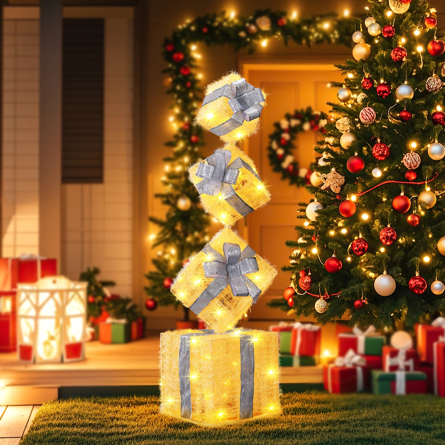 Aship 3D Set of 4 Christmas Lighted Gift Boxes, 70 LED Stackable Light Up Present Boxes for Christmas Tree Indoor Outdoor Yard Lawn Porch Home Decor