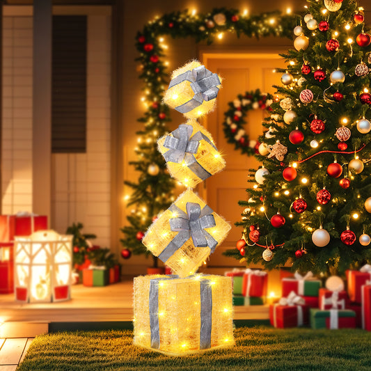 Aship 3D Set of 4 Christmas Lighted Gift Boxes, 70 LED Stackable Light Up Present Boxes for Christmas Tree Indoor Outdoor Yard Lawn Porch Home Decor