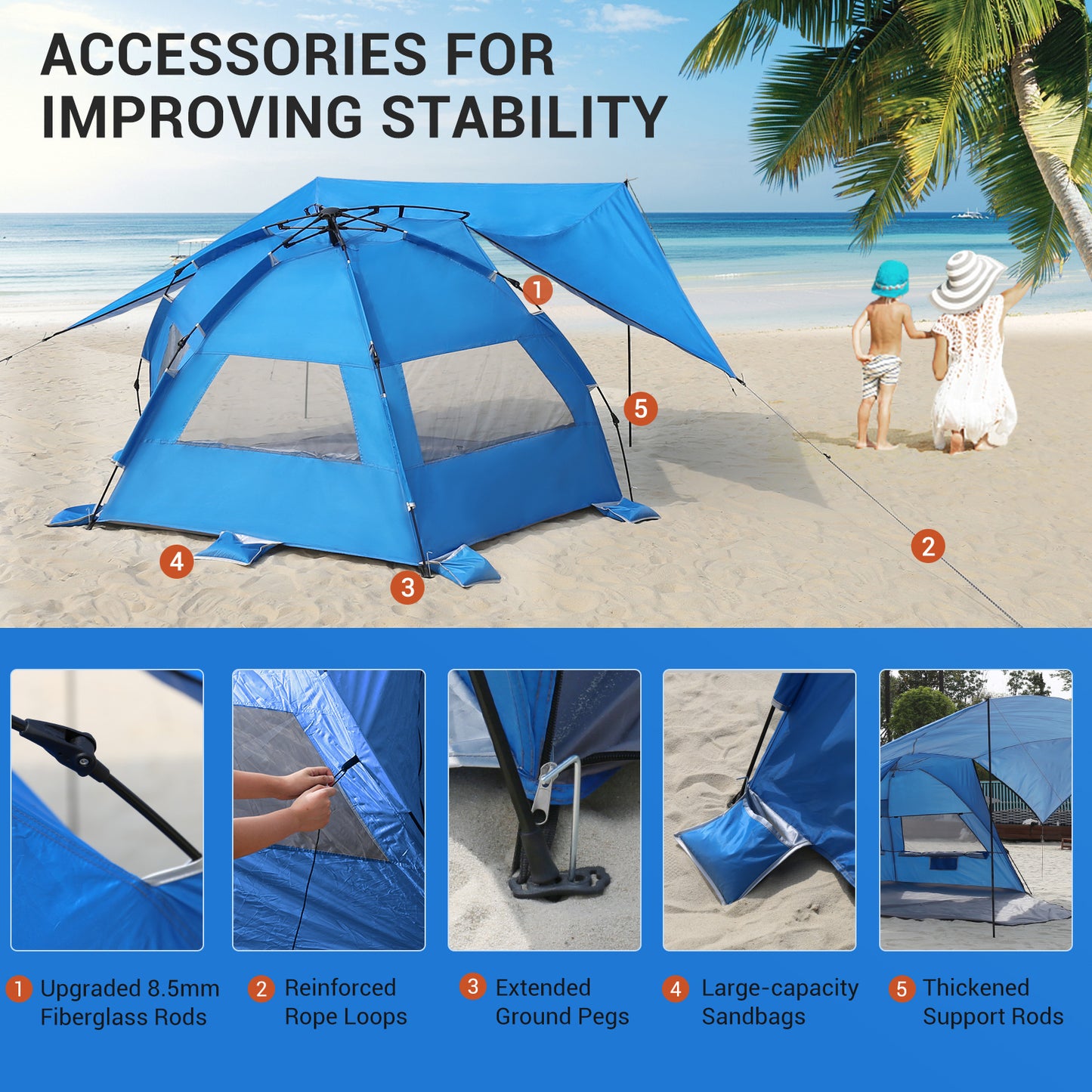 Aship Beach Tent for 5-6 Person, UPF 50+ Sun Shelter with 360° Ventilation & Large Canopy, Automated Setup Waterproof & Portable Tent for Beach Adventures