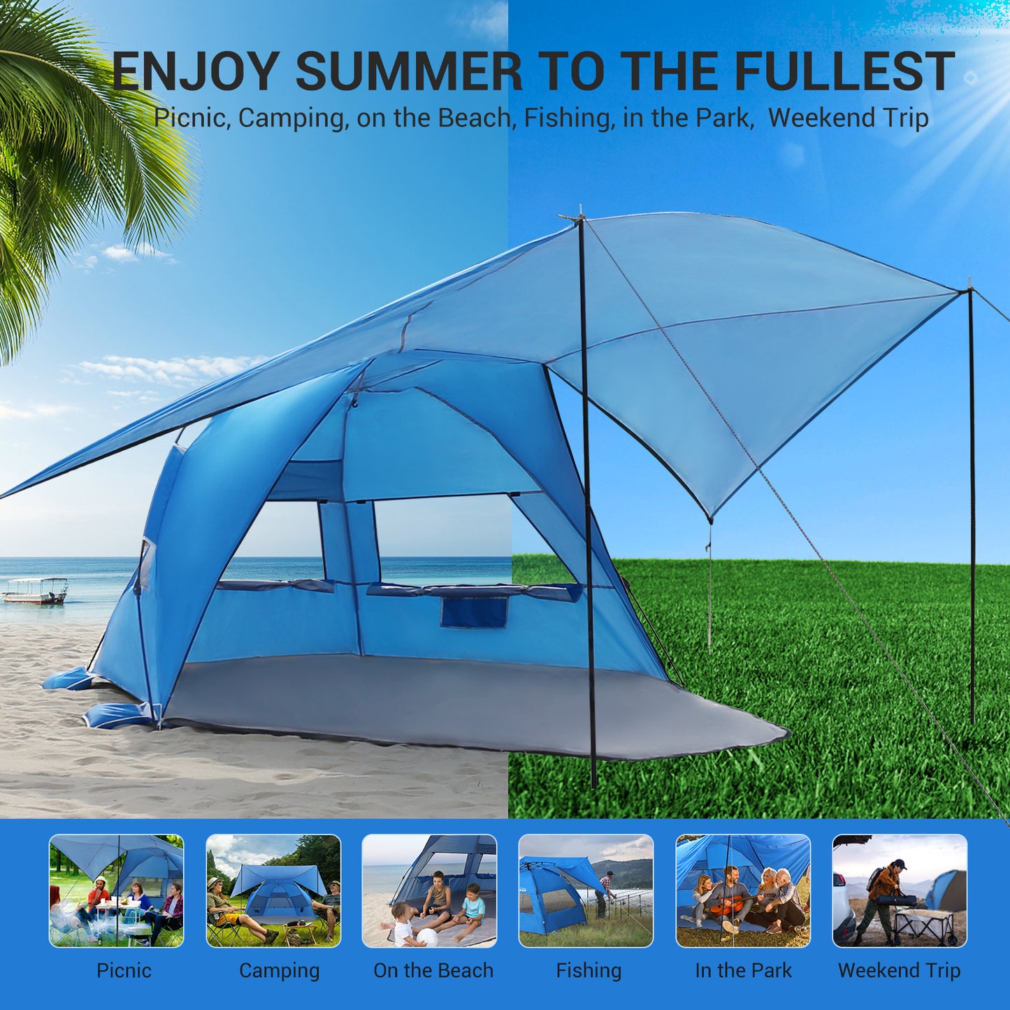 Aship Beach Tent for 5-6 Person, UPF 50+ Sun Shelter with 360° Ventilation & Large Canopy, Automated Setup Waterproof & Portable Tent for Beach Adventures
