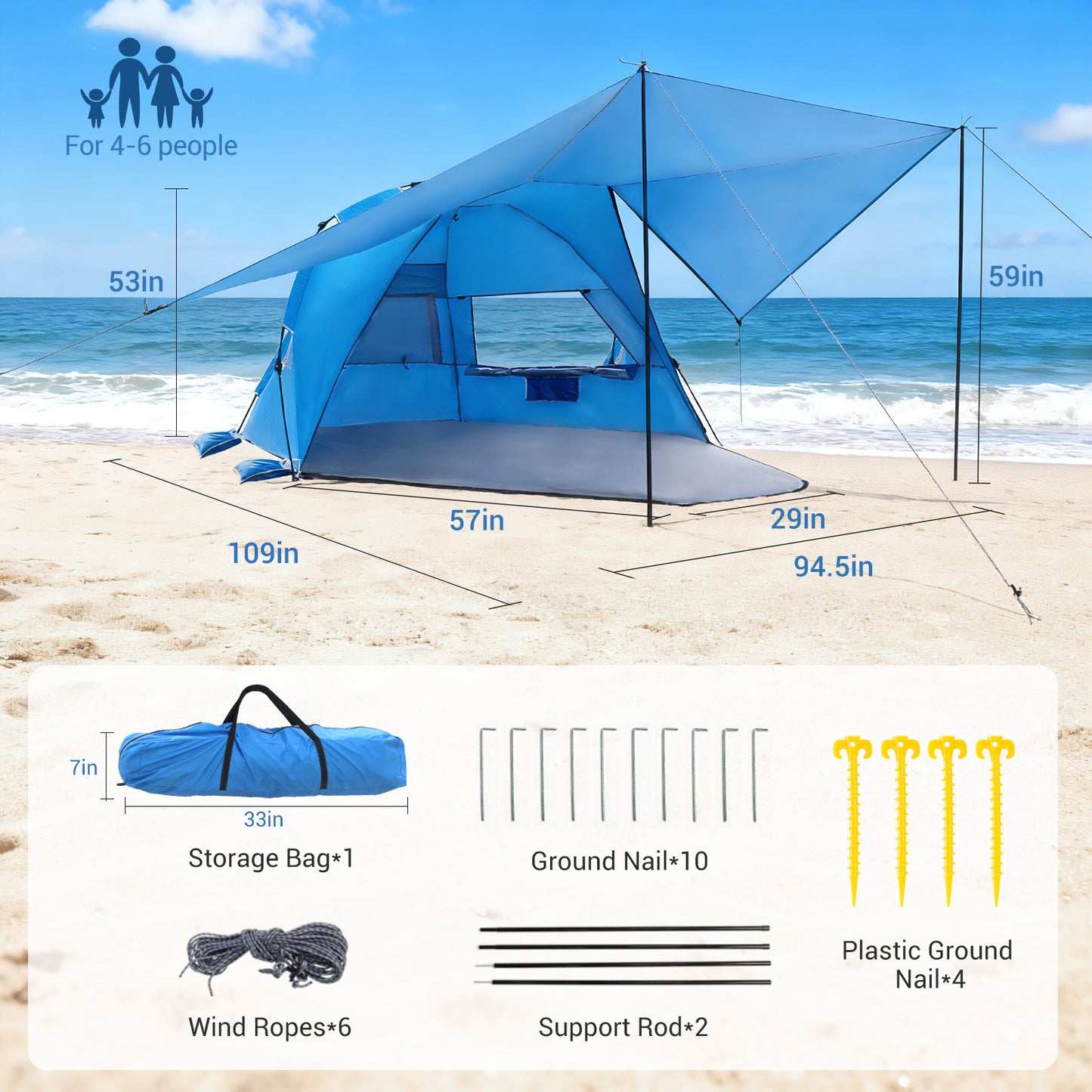 Aship Beach Tent for 5-6 Person, UPF 50+ Sun Shelter with 360° Ventilation & Large Canopy, Automated Setup Waterproof & Portable Tent for Beach Adventures