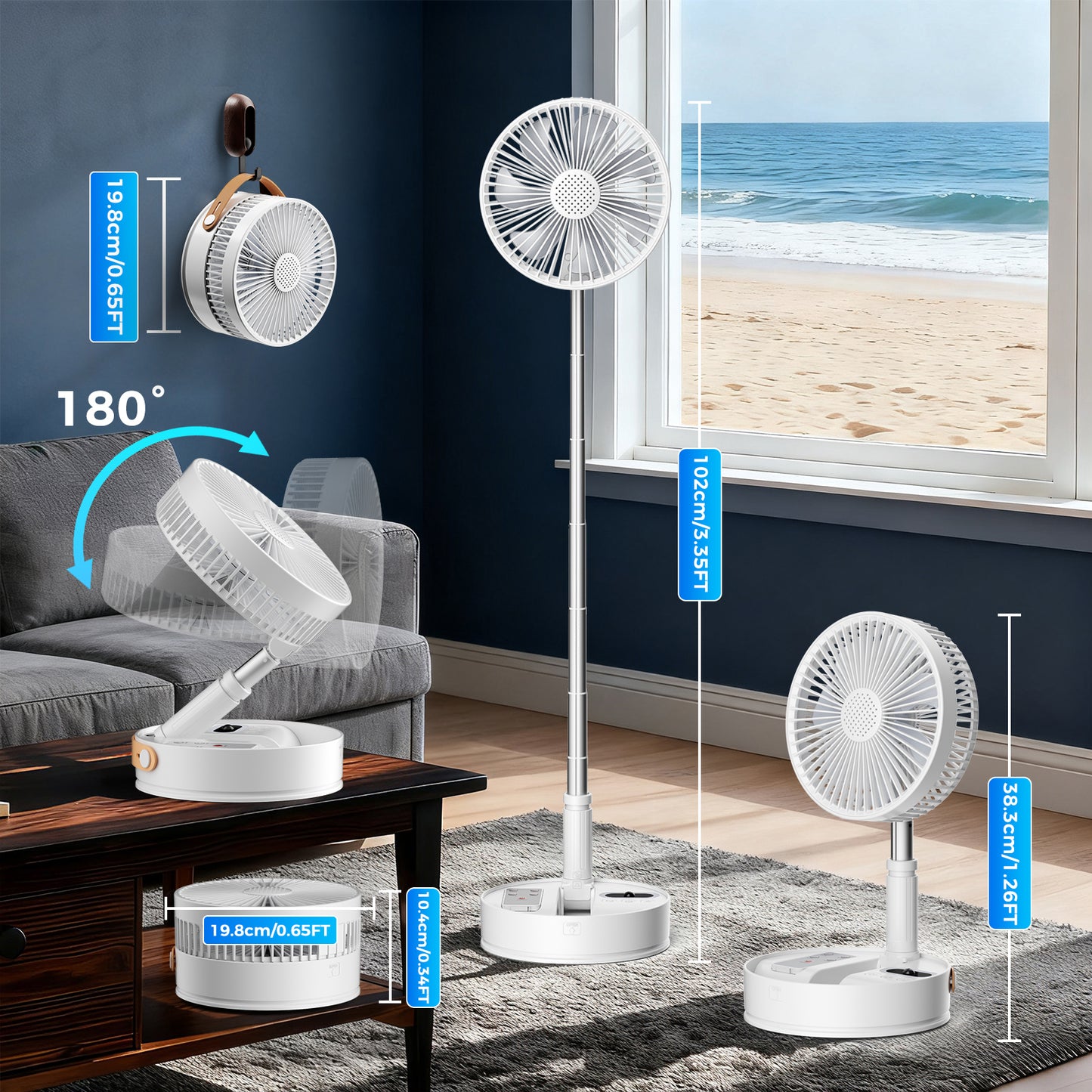 Aship Battery Operated Fan with Remote, 8in Height Adjustable Standing Fan with Night Light & Aroma Diffuser, 4 Speed 7200mAh Rechargeable Pedestal Fan for Bedroom Office Camping Travel