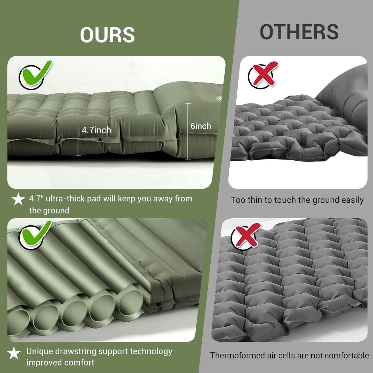 Aship 4.7" Thick Sleeping Pad for Camping, 500 lbs Camping Mattress with Foot Pump & Pillow, Upgraded Support Sleeping Mat Camping for Hiking Tent Backpack, 40D Nylon + TPU Coating, Single, Green