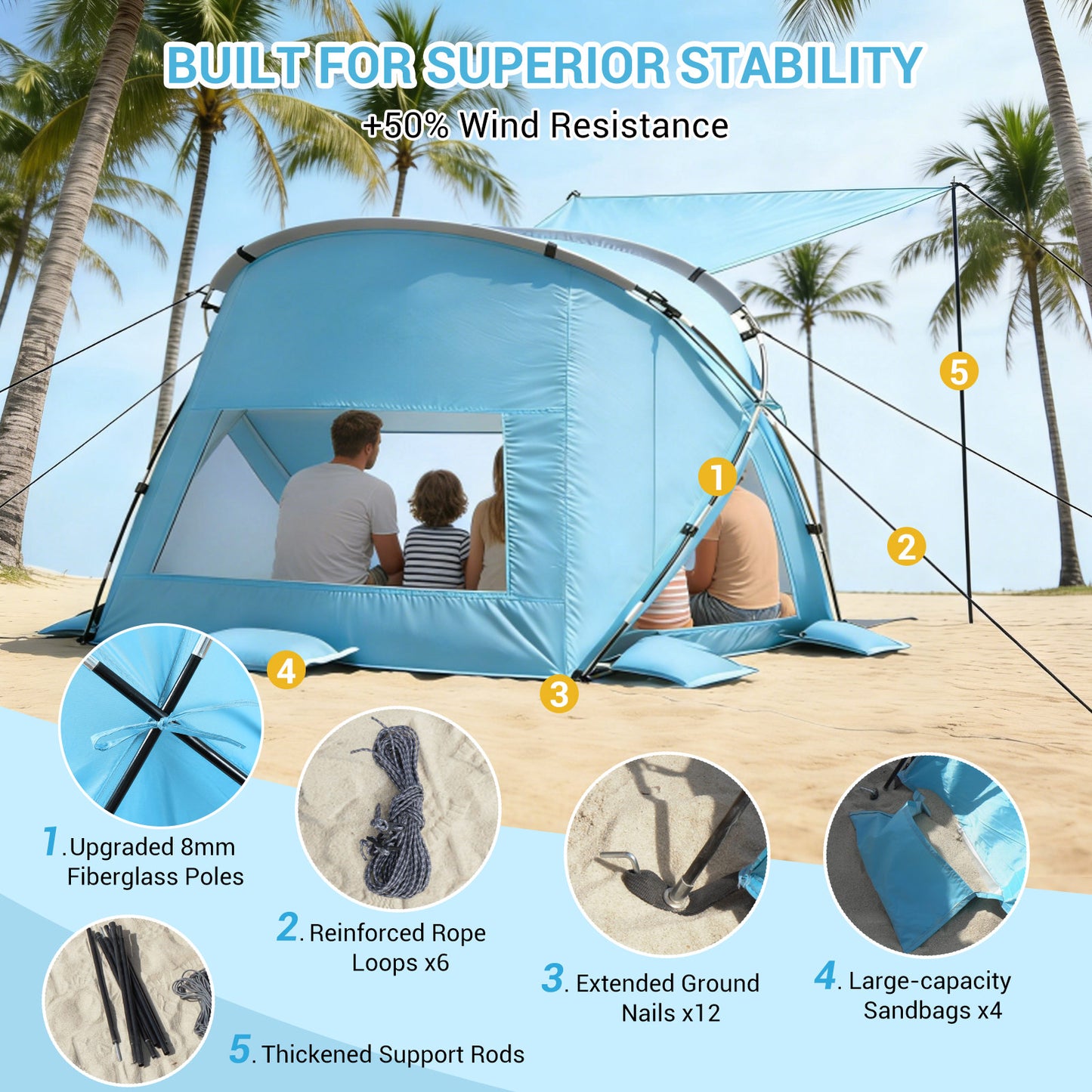 Aship Beach Tent for 6-7 Person, UPF 50+ Sun Shelter with 360° Ventilation & Large Canopy, Easy Setup Waterproof & Portable Tent for Beach Adventures
