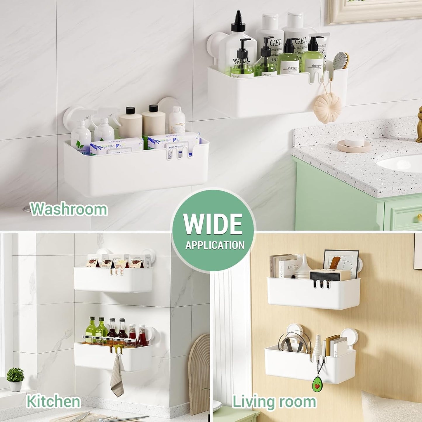 Shower Caddy 2 Pack, Aship Suction Cup Shower Caddy, No-Drill Removable Shower Organizer with Hook Slots, 22 lbs Heavy Duty Shower Shelf, Waterproof Bathroom Kitchen Shower Storage, White