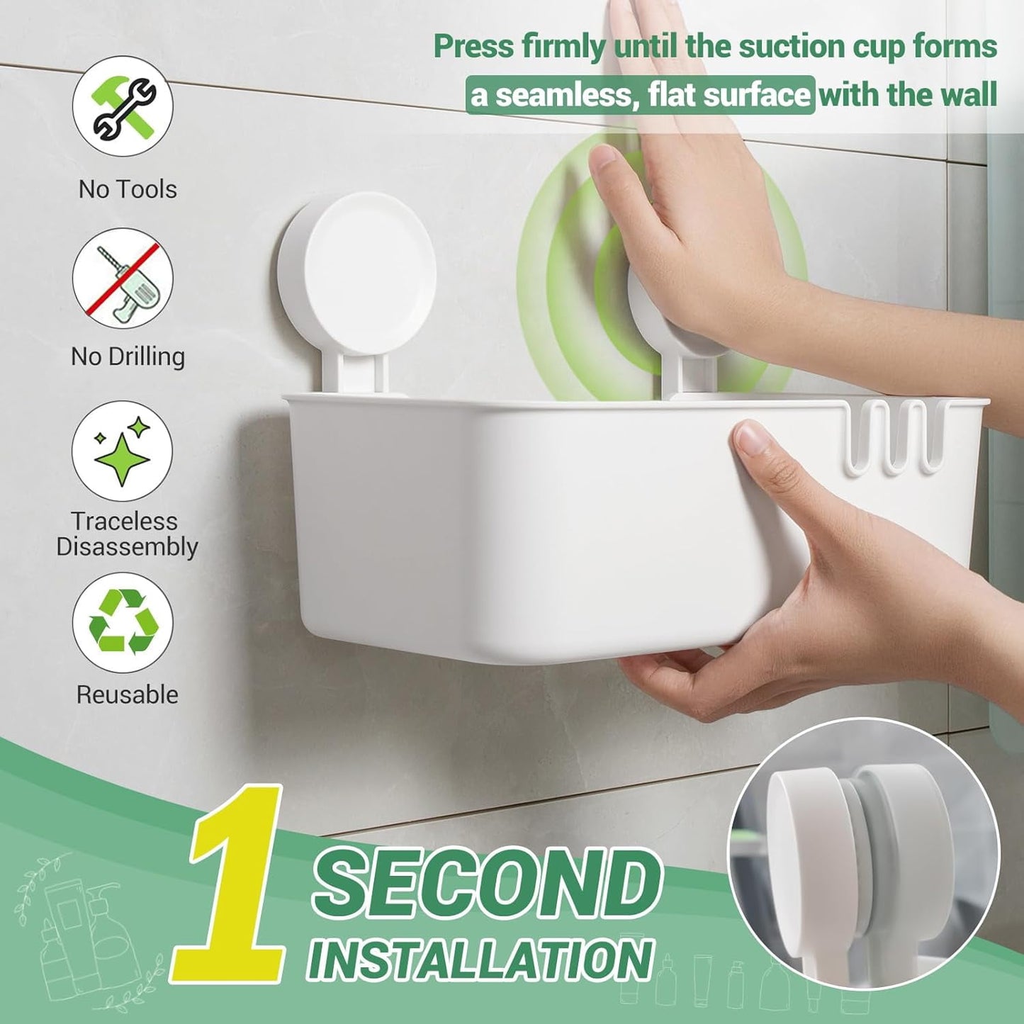 Shower Caddy 2 Pack, Aship Suction Cup Shower Caddy, No-Drill Removable Shower Organizer with Hook Slots, 22 lbs Heavy Duty Shower Shelf, Waterproof Bathroom Kitchen Shower Storage, White
