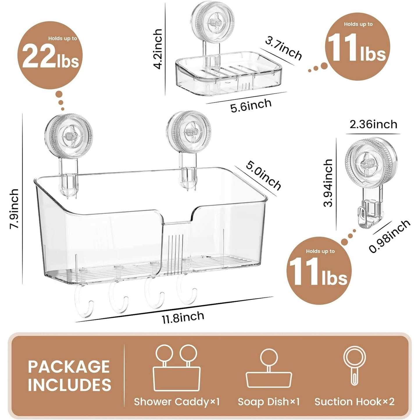 Aship Shower Caddy Set, No-Drill Removable Shower Organizer with Soap Dish & 2 Suction Hooks, 22lb Heavy Duty Waterproof Suction Cup Shower Caddy for Bathroom Kitchen Dresser, Clear, 4 Pack Combo