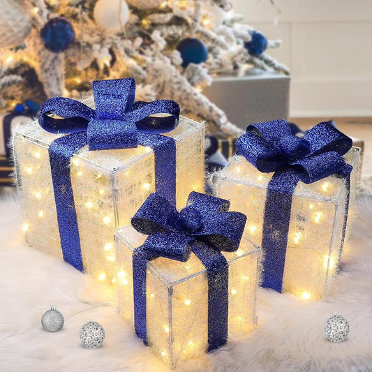 Aship 3XL Christmas Lighted Gift Boxes, 12" Lighted Presents Decorations with 11 Modes & 117LEDs, Light up Gift Boxes with Plug, Bows, Pine, Silver Beads for Christmas Trees
