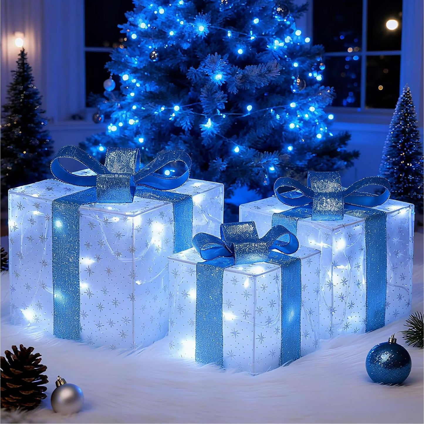 Aship Christmas Lighted Gift Boxes, Lighted Presents with 60 Cold White LEDs, 8 Flash Modes&Timer, Light up Gift Boxes with Plug for Christmas Tree Weddings Party Decorations 3 Pack