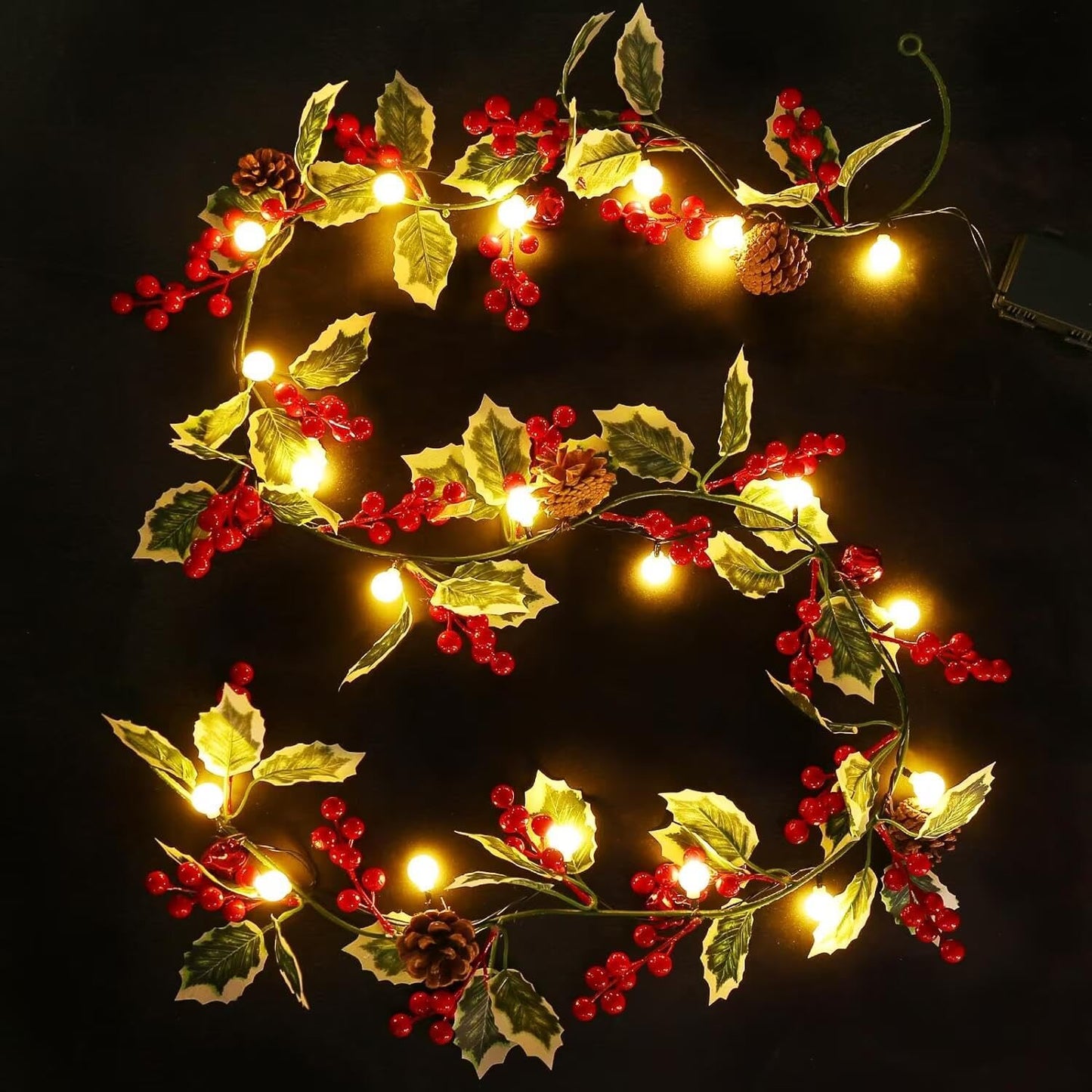 Aship 2 Pack Christmas Garland with Lights, 5.7FT Pre-lit 20 LED Red Berry Garland with 8 Modes & Timer Memory, Artificial Lighted Xmas Garland for Door Mantel Fireplace