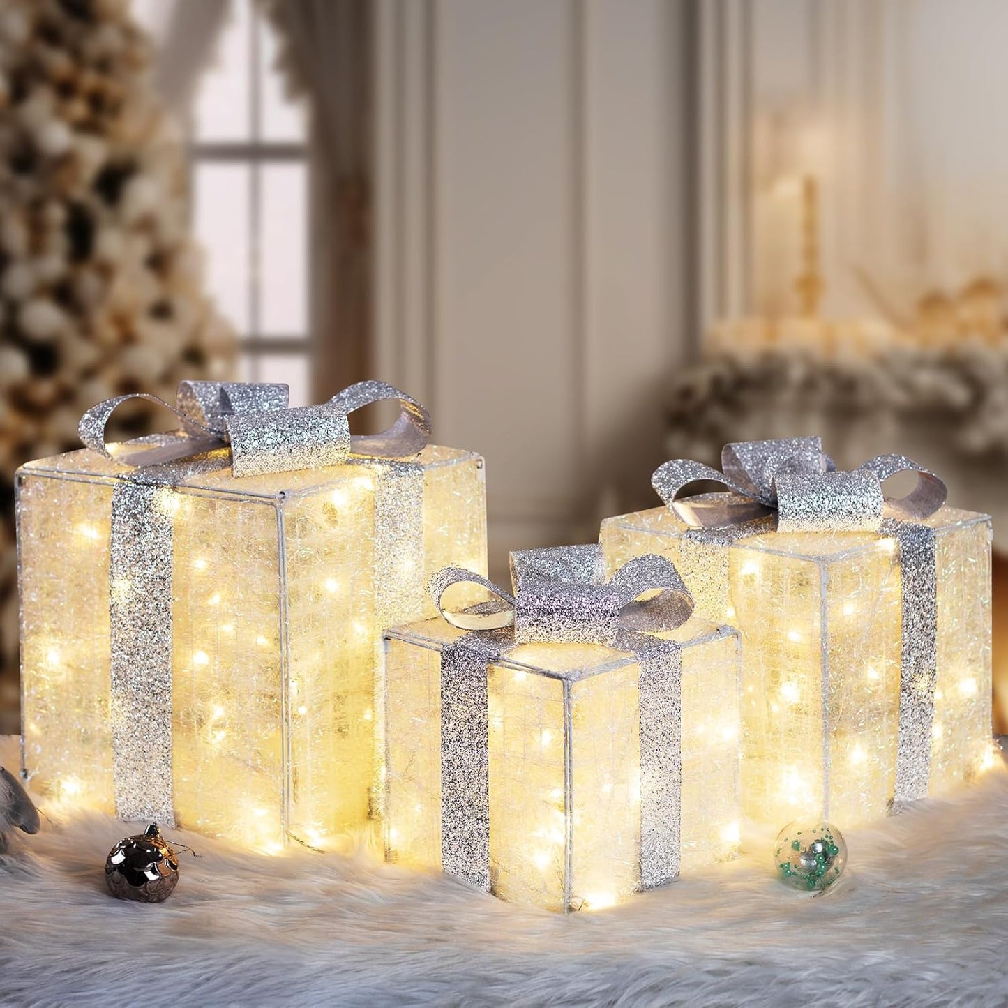 Aship Large Christmas Lighted Gift Boxes with 117 LED Lights, Plug-in Decorative Ornaments for Home, Parties, Holiday Use Perfect for Christmas, Valentine's Day, Birthdays(Silver)