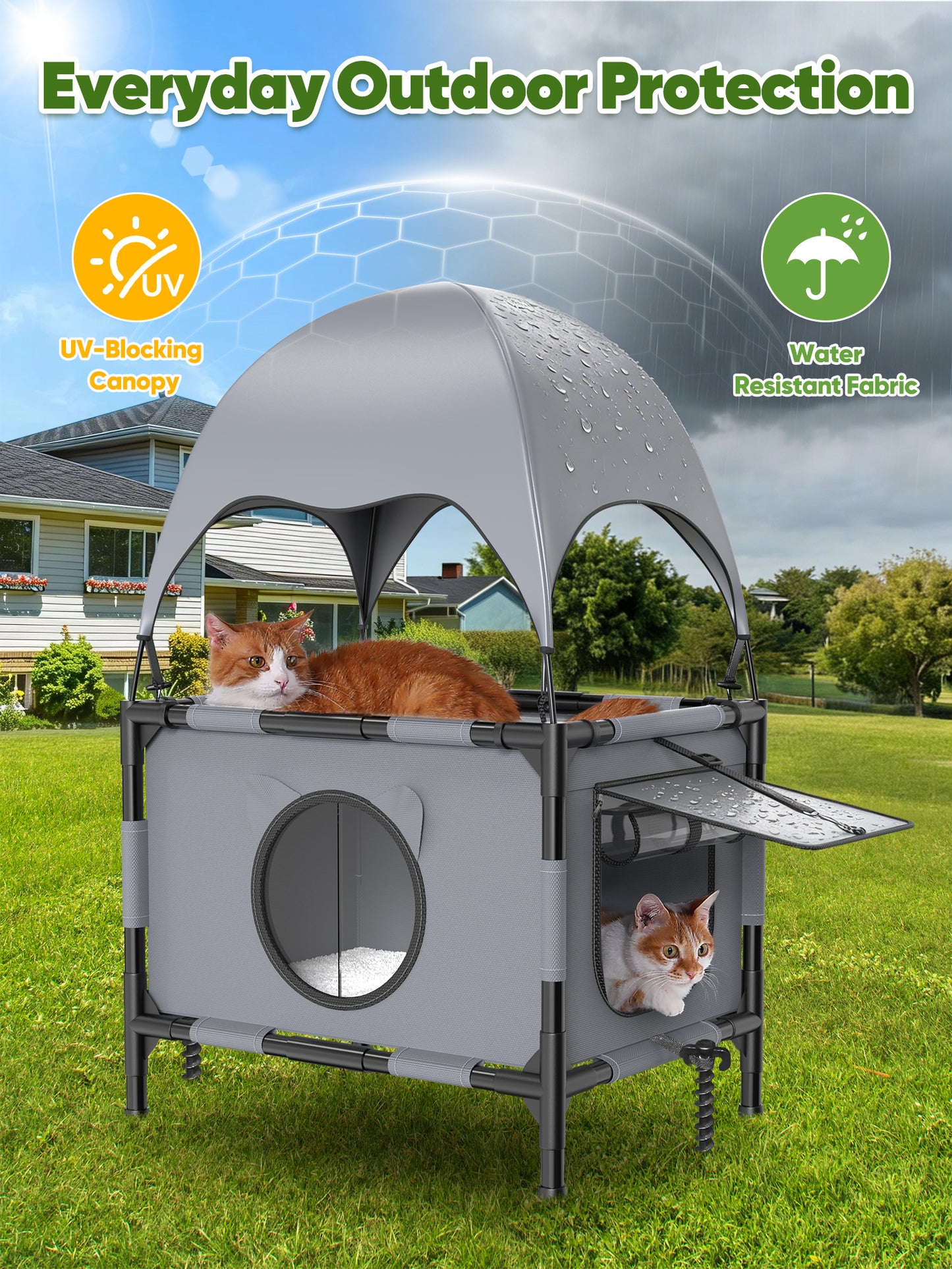 Aship Elevated Outdoor Cat House, Dual-layer Oxford Cat House with Canopy & Reversible Mat, Breathable & Moisture-Resistant Outdoor Cat Shelter for Multiple Cats