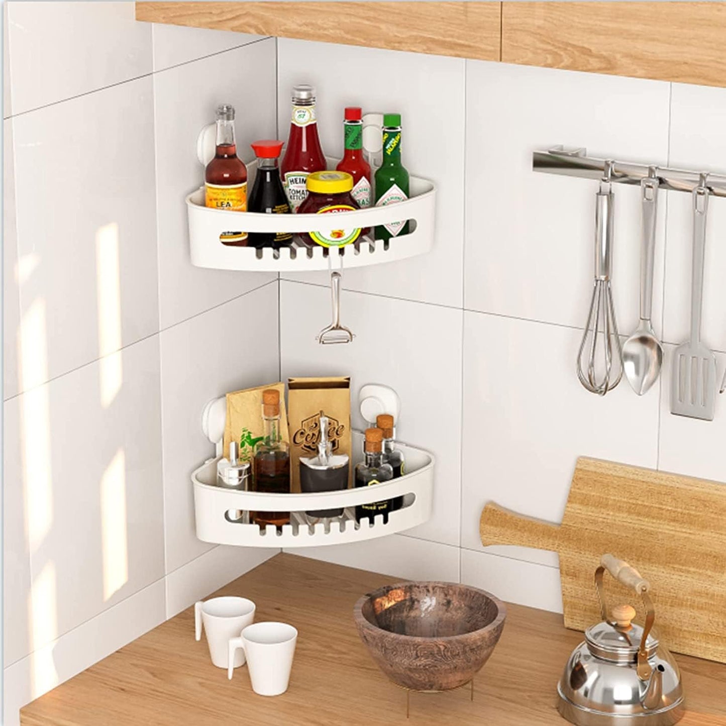 Aship Suction Cup Corner Shower Caddy, No-Drill Removable Shower Organizer with Hook Slots, 22 lbs Heavy Duty Shower Corner Caddy, Waterproof Suction Shower Shelf for Bathroom Kitchen Wall, White