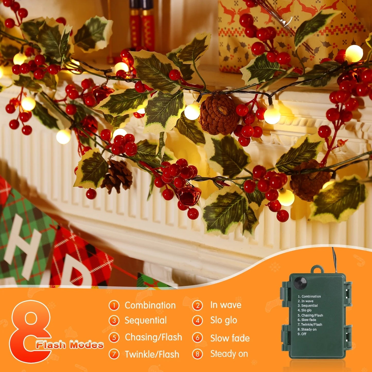 Aship 2 Pack Christmas Garland with Lights, 5.7FT Pre-lit 20 LED Red Berry Garland with 8 Modes & Timer Memory, Artificial Lighted Xmas Garland for Door Mantel Fireplace