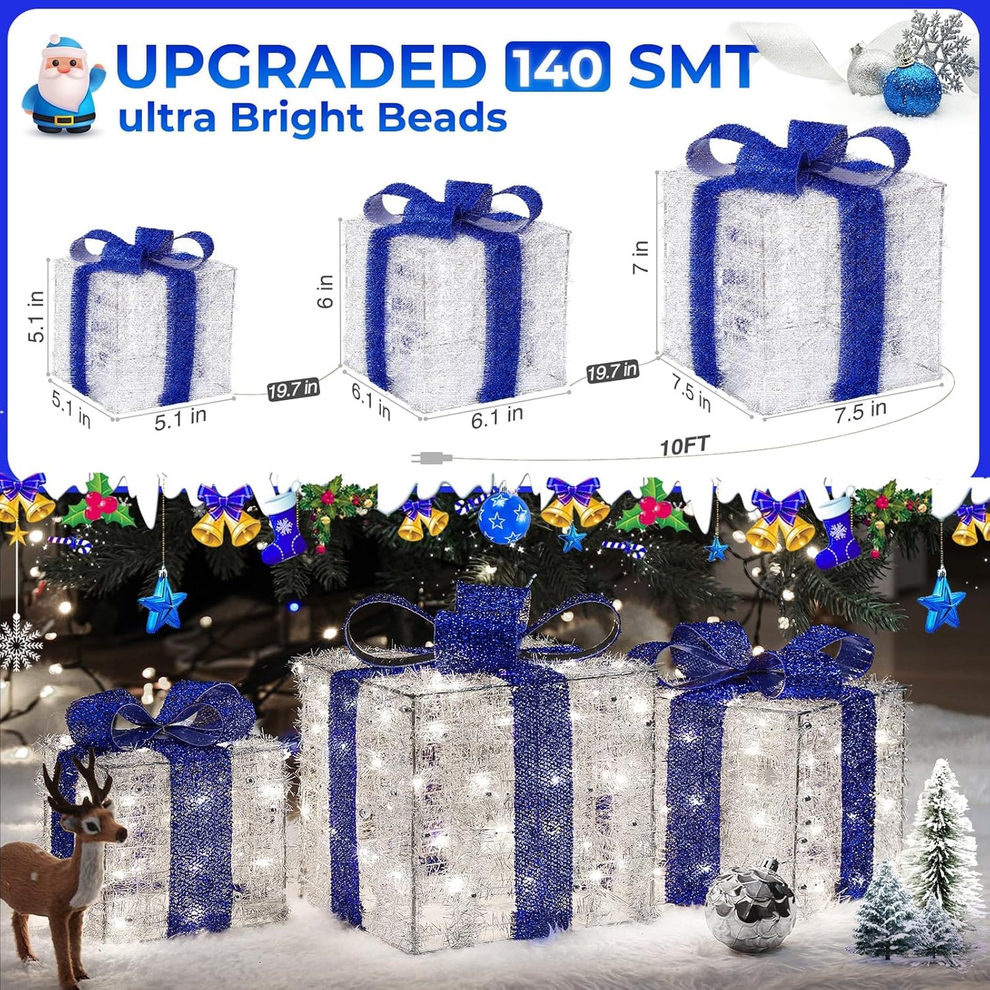 Aship Christmas Lighted Gift Boxes Blue, 8 Modes & Timing Function, Set of 3 Plug-in Lighted Gift Boxes with 140 LEDs for Christmas Decorations, Home Indoor Decor Party