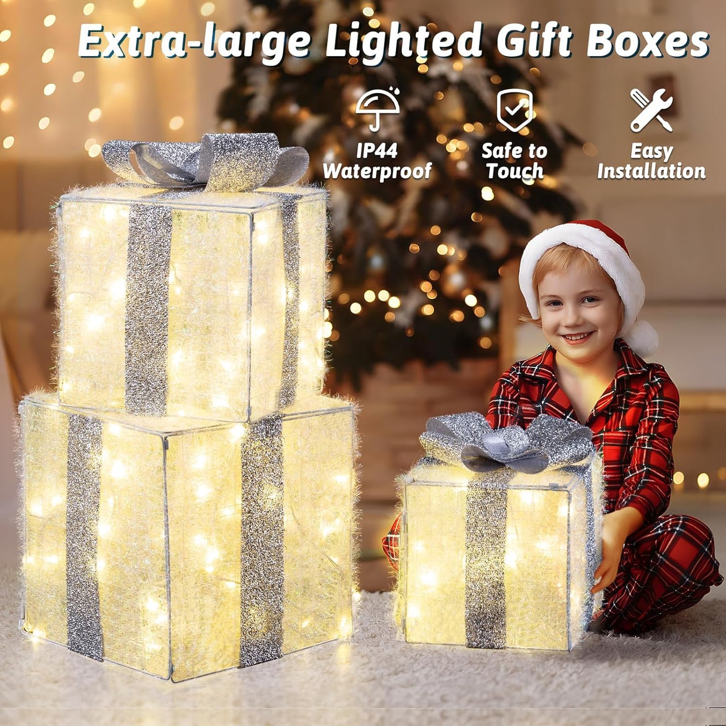 Aship Large Christmas Lighted Gift Boxes with 117 LED Lights, Plug-in Decorative Ornaments for Home, Parties, Holiday Use Perfect for Christmas, Valentine's Day, Birthdays(Silver)