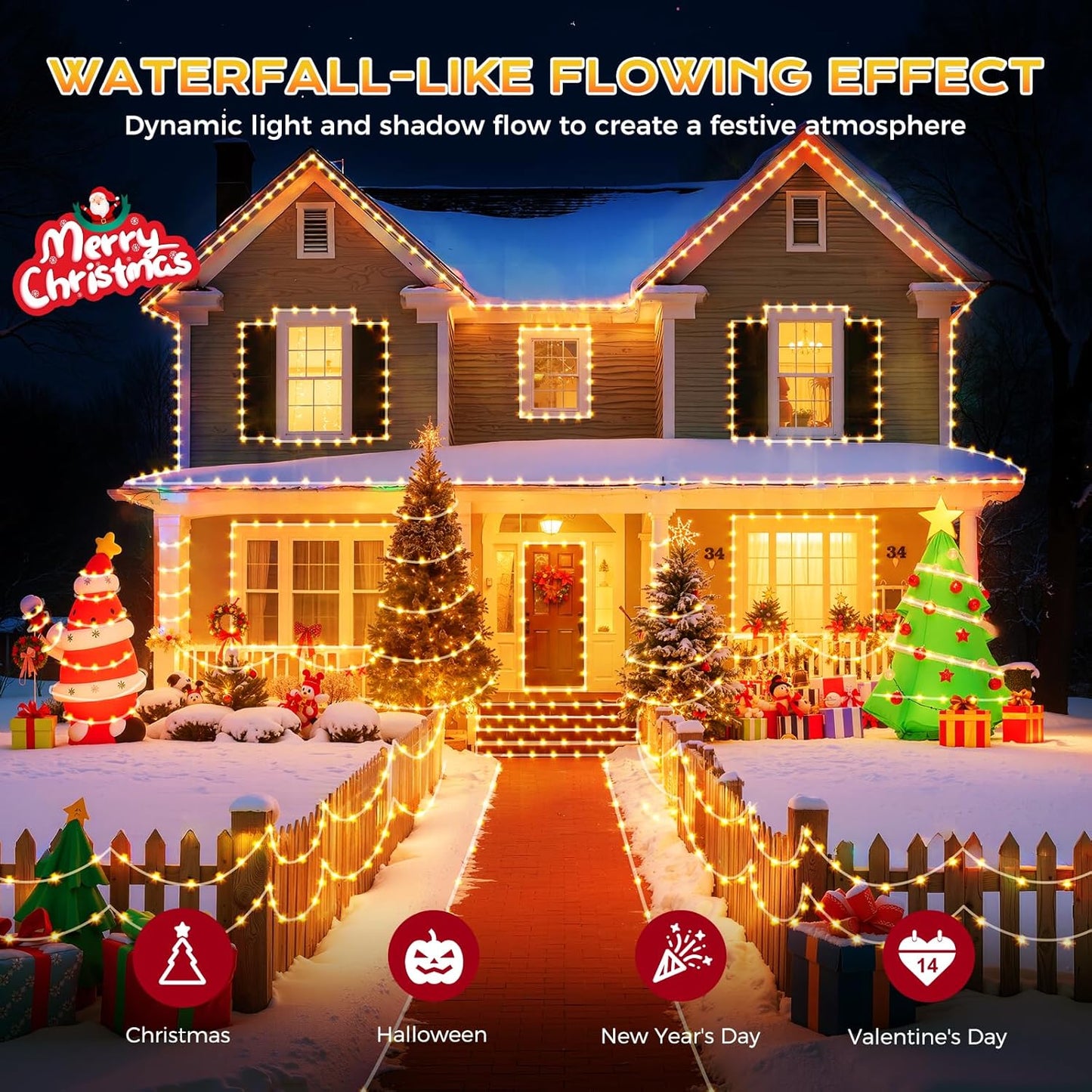 Aship LED Christmas Lights 65FT, 400LED 9 Modes Chasing Waterproof Clear Wire Christmas Tree Lights, Ultra-Bright Plug in Xmas Strip Lights for Outdoor Indoor House Holiday Decor