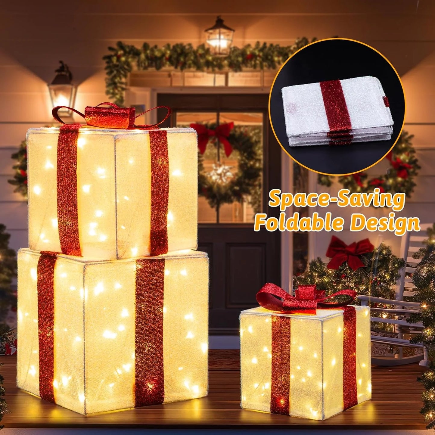 Aship 3XL Christmas Lighted Gift Boxes, 12" Lighted Presents Decorations with 11 Modes & 117LEDs, Light up Gift Boxes with Plug for Christmas Tree Decorations - Red