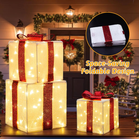 Aship 3XL Christmas Lighted Gift Boxes, 12" Lighted Presents Decorations with 11 Modes & 117LEDs, Light up Gift Boxes with Plug for Christmas Tree Decorations - Red