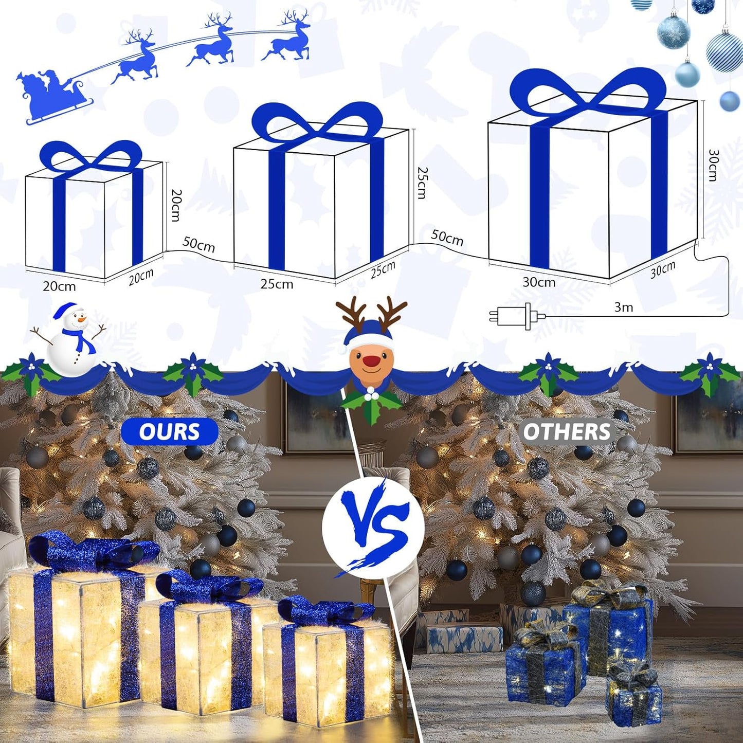 Aship 3XL Christmas Lighted Gift Boxes, 12" Lighted Presents Decorations with 11 Modes & 117LEDs, Light up Gift Boxes with Plug, Bows, Pine, Silver Beads for Christmas Trees