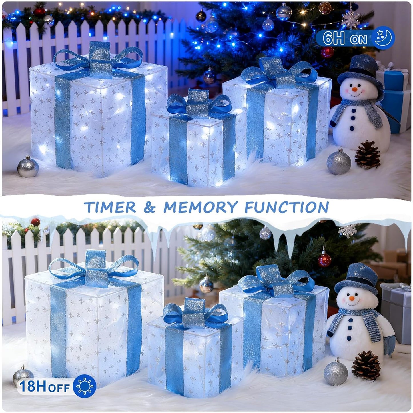 Aship Christmas Lighted Gift Boxes, Lighted Presents with 60 Cold White LEDs, 8 Flash Modes&Timer, Light up Gift Boxes with Plug for Christmas Tree Weddings Party Decorations 3 Pack