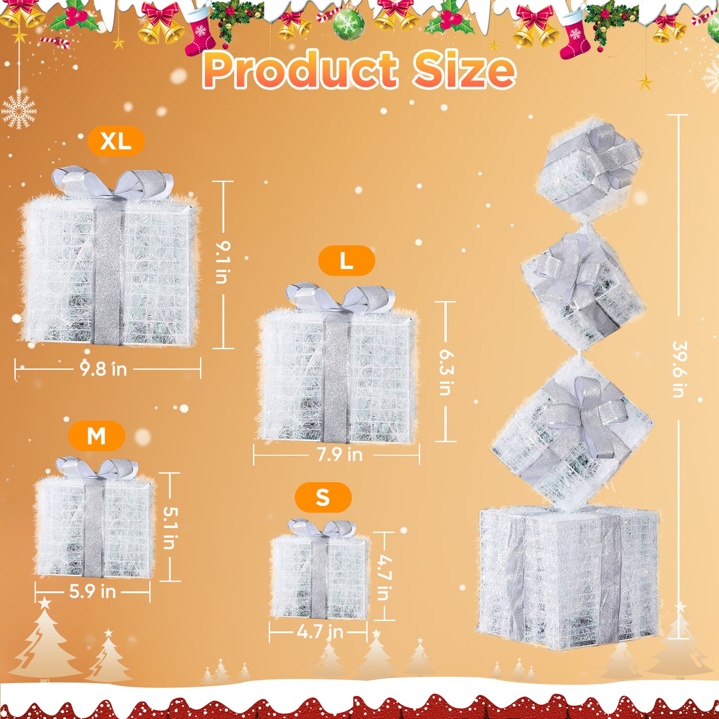 Aship 3D Set of 4 Christmas Lighted Gift Boxes, 70 LED Stackable Light Up Present Boxes for Christmas Tree Indoor Outdoor Yard Lawn Porch Home Decor