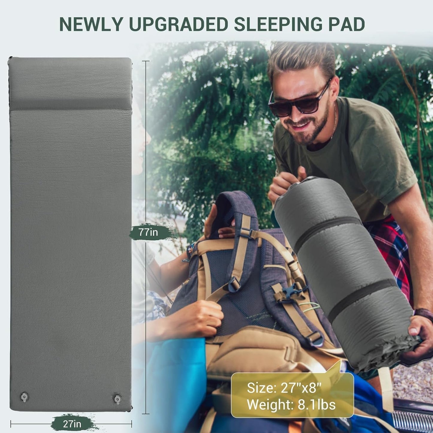 Aship 26D Memory Foam Self Inflating Sleeping Pad, 3.15" Thick Sleeping Mat Camping with Pillow, 800 lbs Camping Mattress, R-Value 9.5 Sleeping Pad for Camping Travel, 27''x77'' Single, Gray