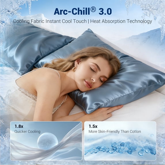Aship Arc-Chill 3.0 Cooling Pillow Cases, Q-max >0.5 Jade-Infused Silky Pillowcase for Hair & Skin, Breathable & Moisture-Wicking, Hidden Zipper, Machine Washable, Queen 20''x30'', 2 Pack Haze Blue