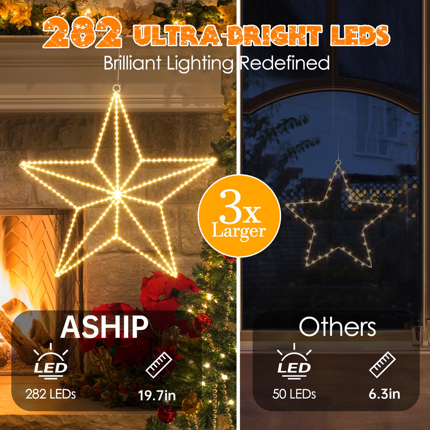 Aship 19.7in Christmas Star Lights, Plug In 282 LEDs Christmas Light Up Decor, Hanging Window Lights for Christmas New Year Holiday Wedding Party Decor, Warm White