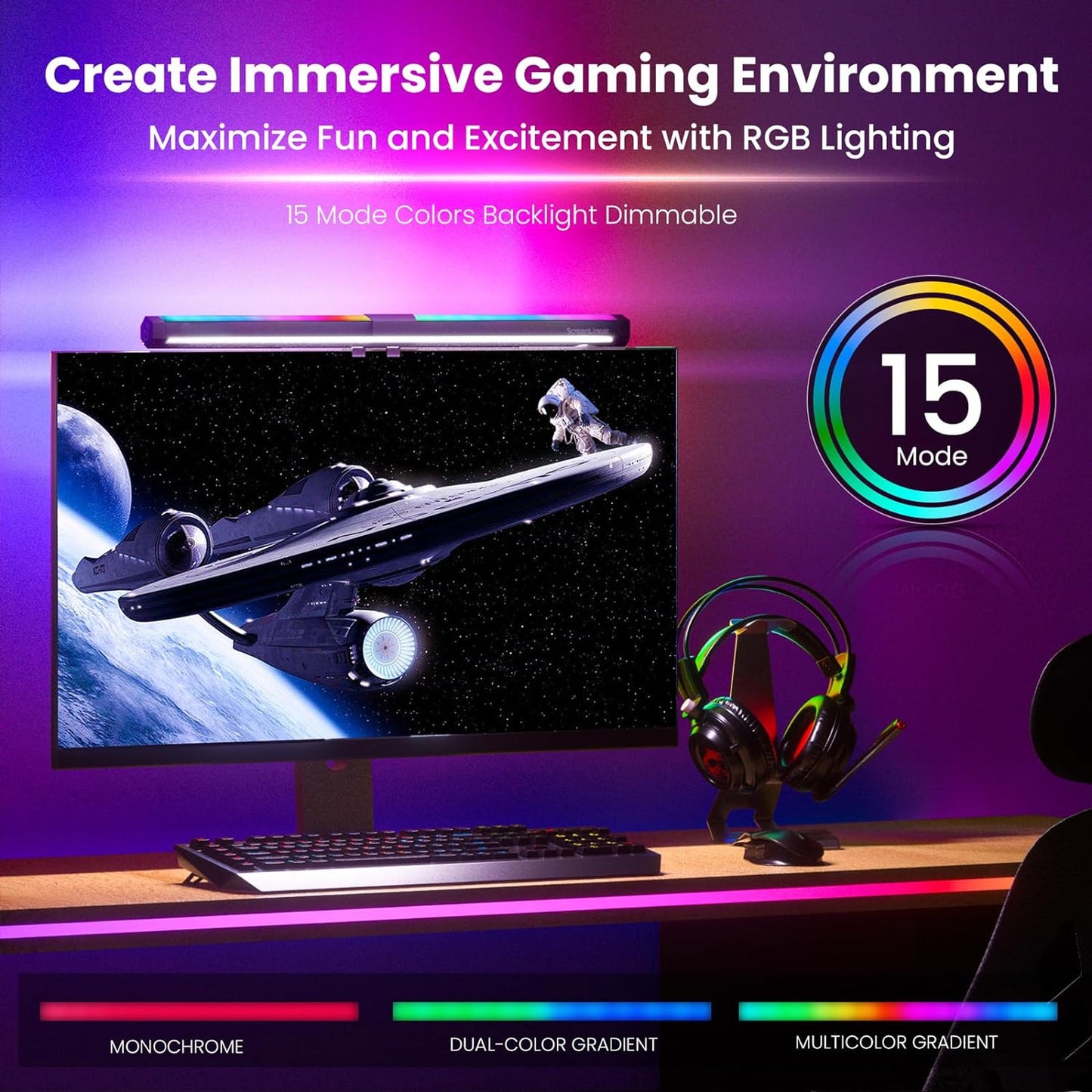 Aship RGB Monitor Light Backlight, Ra95 Dual Light Bar Gaming Office Desk Lamp, 15 Modes Dimmable, 3 Color Temperature Adjustable, Eye Caring Screen Light Bar for Home Game