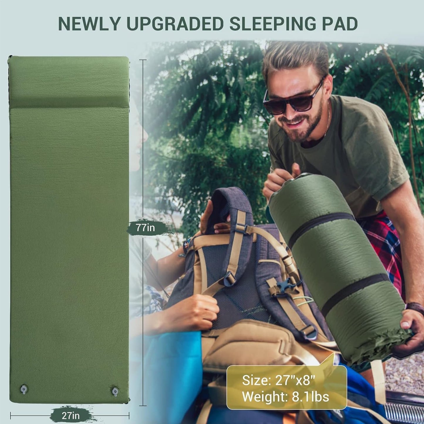 Aship 26D Memory Foam Self Inflating Sleeping Pad, 3.15" Thick Sleeping Mat Camping with Pillow, 800 lbs Camping Mattress, R-Value 9.5 Sleeping Pad for Camping Travel, 27''x77'' Single, Army Green