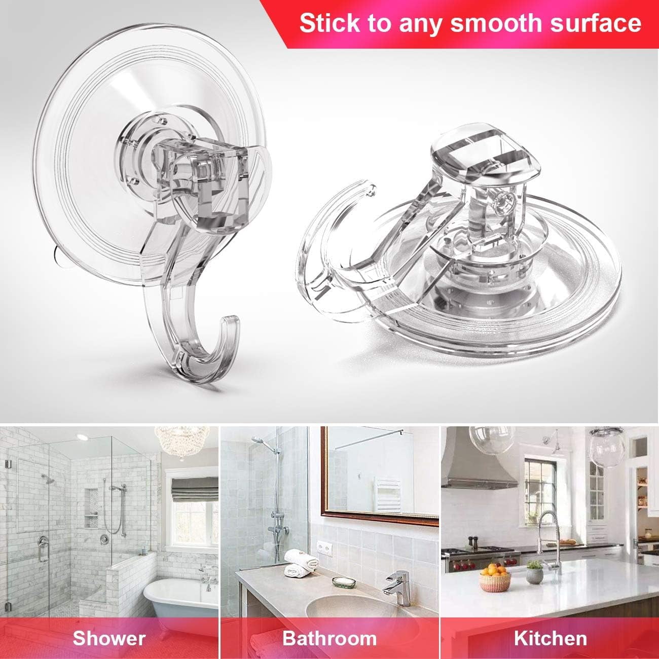 Aship Heavy Duty Suction Cup Hooks, 2 Pcs Clear Strong Suction Hooks 6.6 lbs Load, Waterproof Reusable Shower Suction Hooks for Window Glass Tile, Suction Cups for Bathroom Kitchen Wreath Hanger