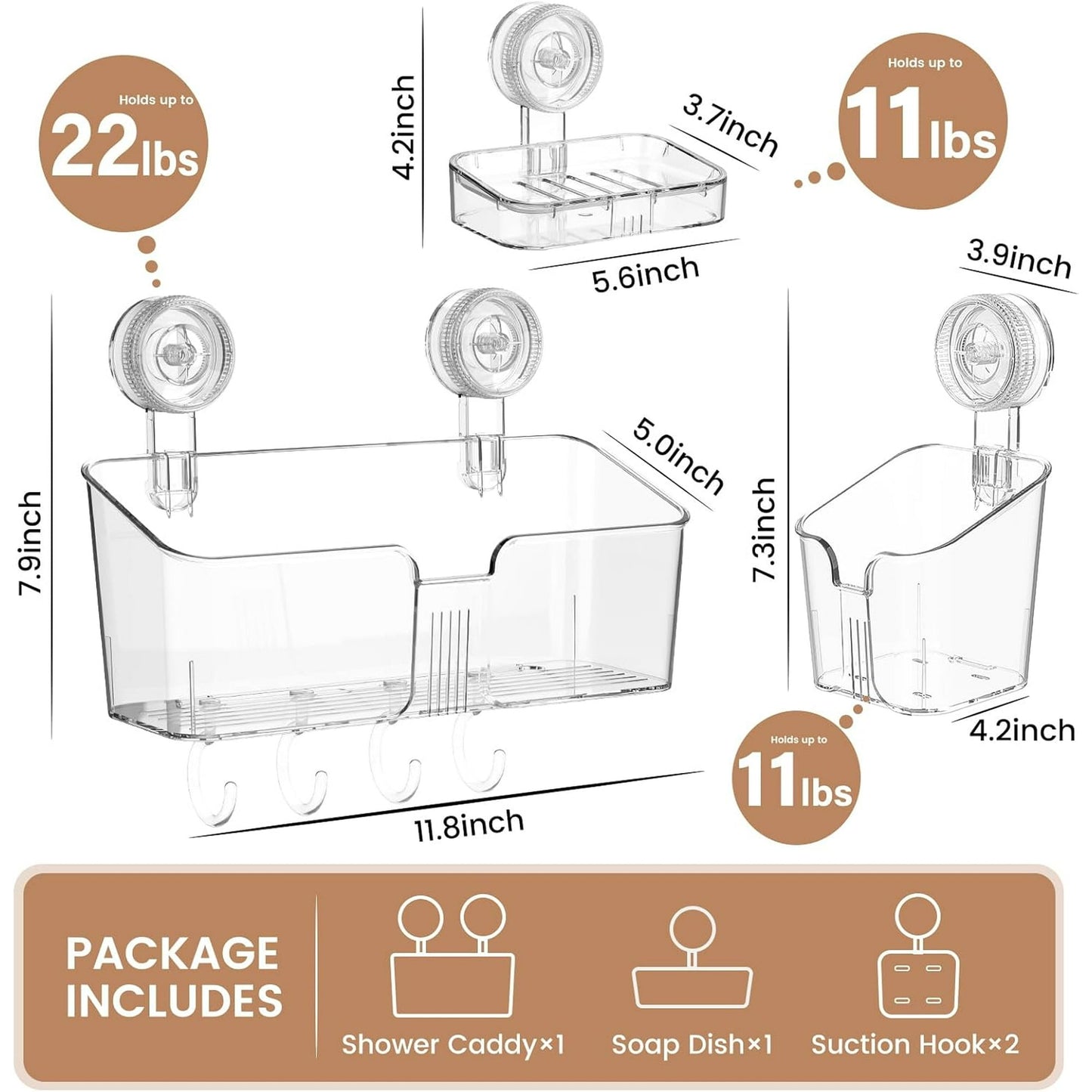 Aship Shower Caddy Set, No-Drill Removable Shower Organizer with Toothbrush Holders & Suction Hooks, 22lb Heavy Duty Waterproof Suction Cup Shower Caddy for Bathroom Kitchen, Clear, 3 Pack Combo