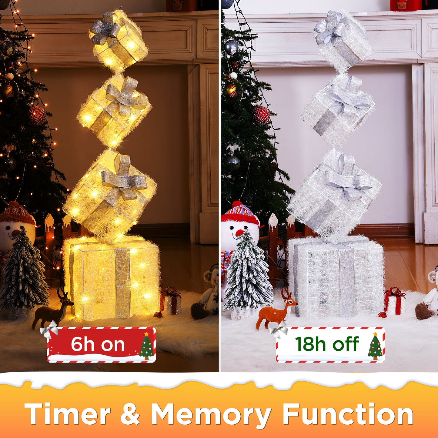 Aship 3D Set of 4 Christmas Lighted Gift Boxes, 70 LED Stackable Light Up Present Boxes for Christmas Tree Indoor Outdoor Yard Lawn Porch Home Decor