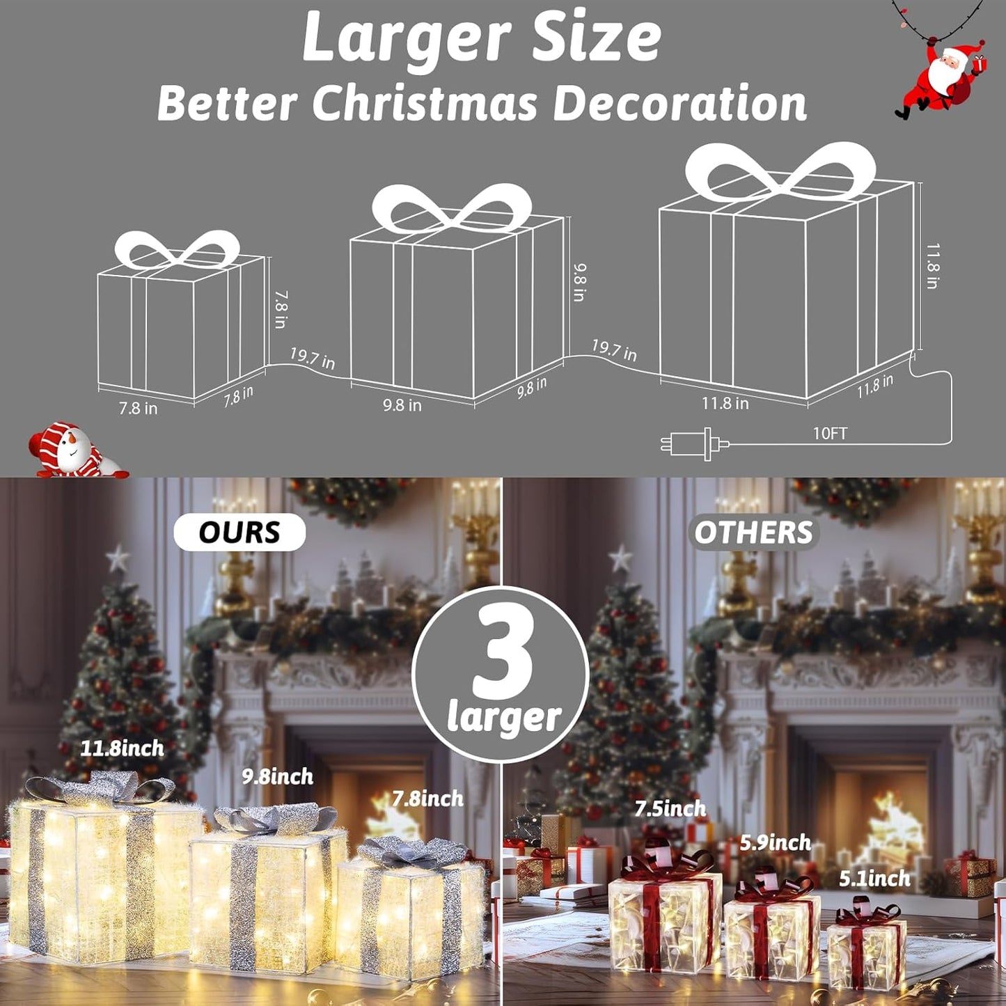 Aship Large Christmas Lighted Gift Boxes with 117 LED Lights, Plug-in Decorative Ornaments for Home, Parties, Holiday Use Perfect for Christmas, Valentine's Day, Birthdays(Silver)