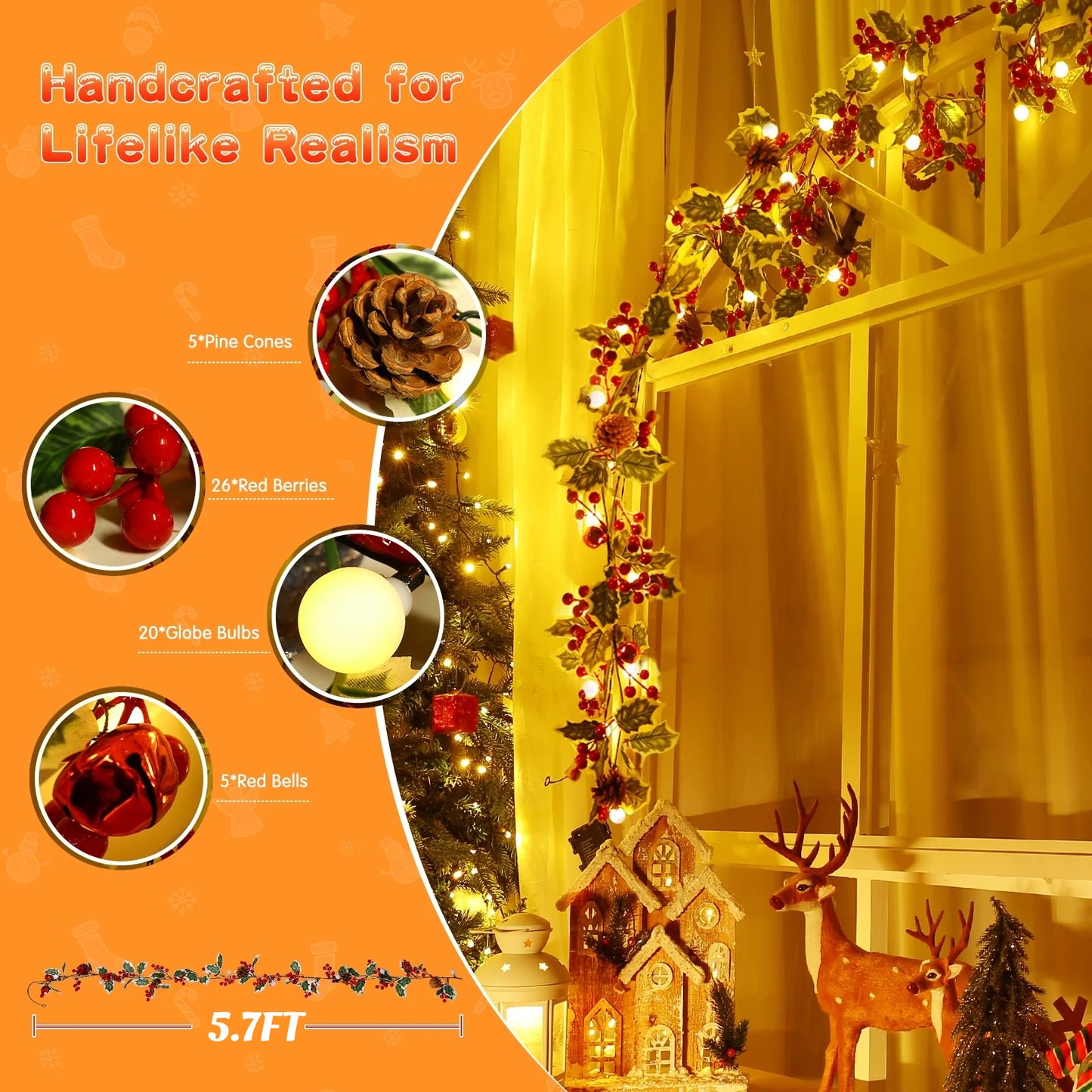 Aship 2 Pack Christmas Garland with Lights, 5.7FT Pre-lit 20 LED Red Berry Garland with 8 Modes & Timer Memory, Artificial Lighted Xmas Garland for Door Mantel Fireplace