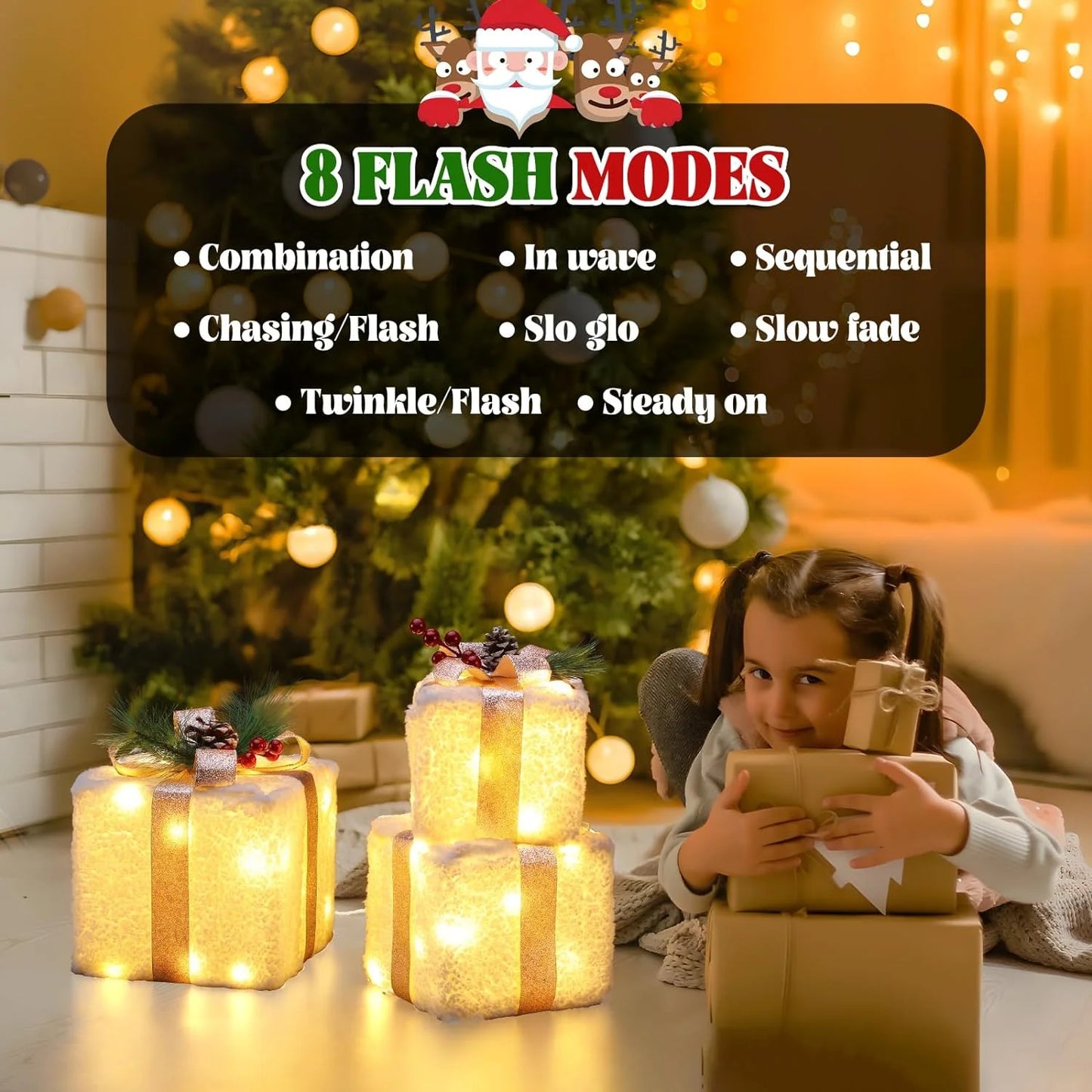 Aship Christmas Lighted Gift Boxes, Set of 3 Lighted UP Gift Boxes with 8 Modes & Timer, Champagne Gold for Indoor Outdoor Tree, Home Holiday Decor