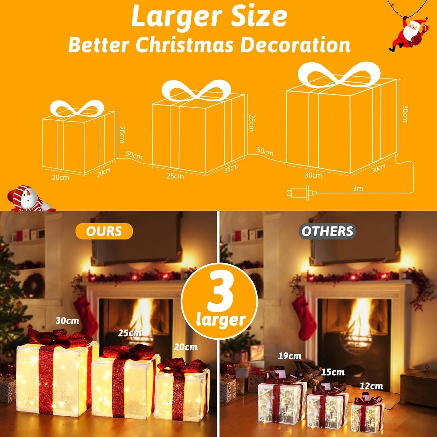 Aship 3XL Christmas Lighted Gift Boxes, 12" Lighted Presents Decorations with 11 Modes & 117LEDs, Light up Gift Boxes with Plug for Christmas Tree Decorations - Red