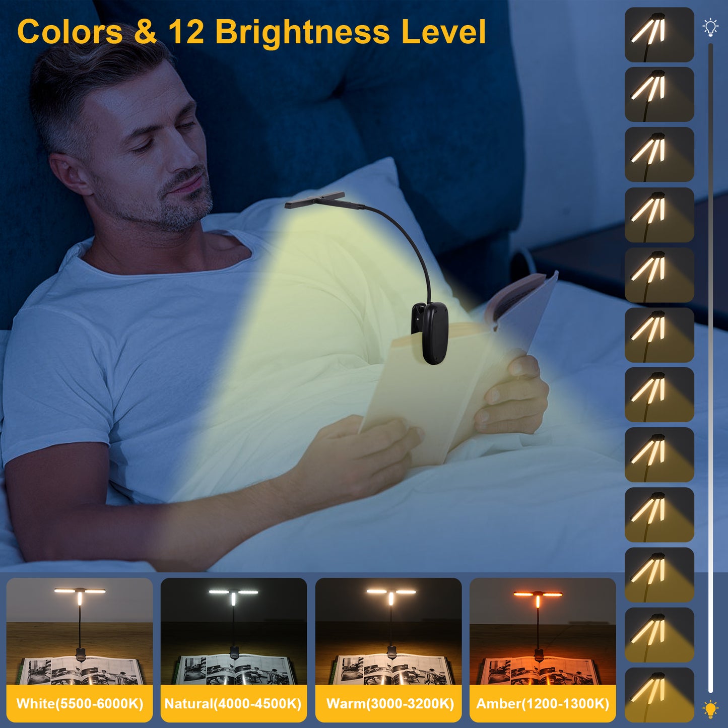 Aship Tri-Head Adjustable Book Light,3 Colors 12 Brightness Levels Clip on Reading Book,Eye-Care Clip on Reading Light Up to 100 Hrs,Perfect Little Book Light for Readers & Kids