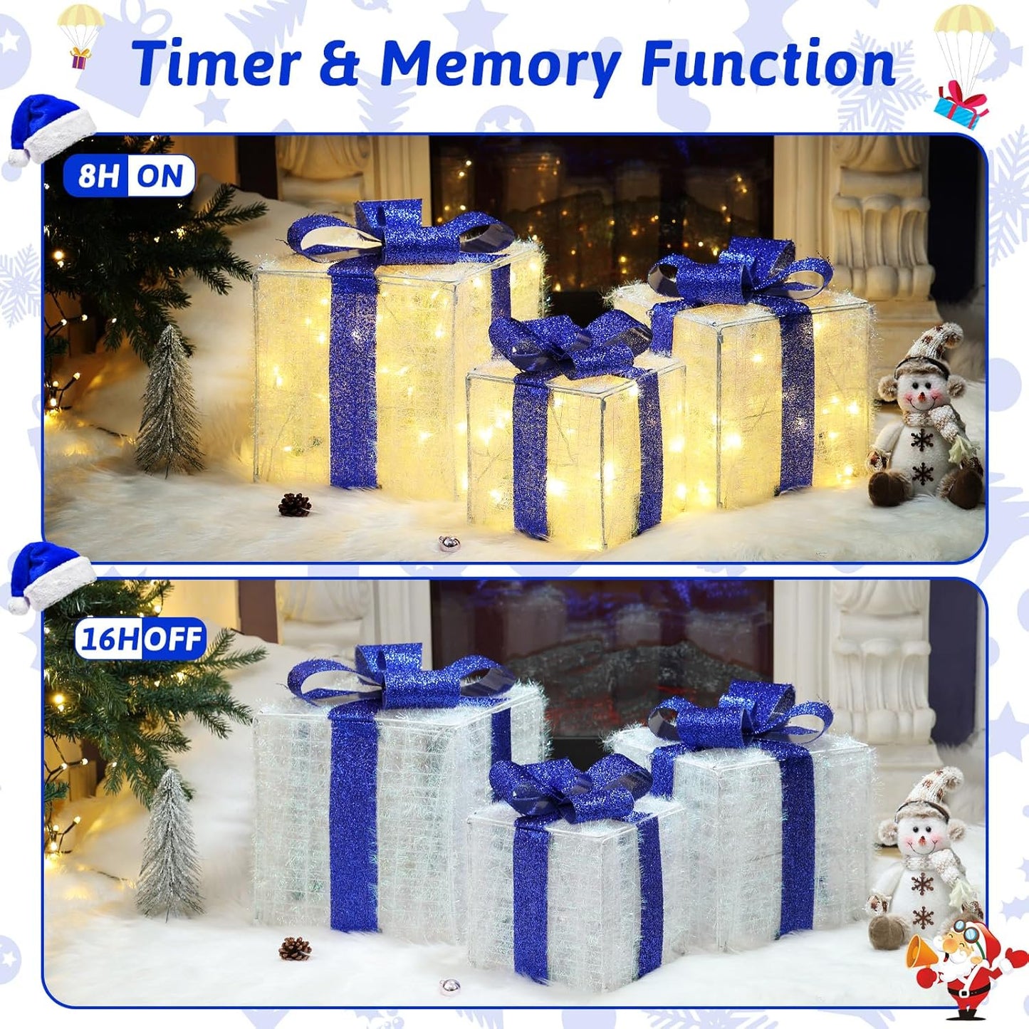 Aship 3XL Christmas Lighted Gift Boxes, 12" Lighted Presents Decorations with 11 Modes & 117LEDs, Light up Gift Boxes with Plug, Bows, Pine, Silver Beads for Christmas Trees