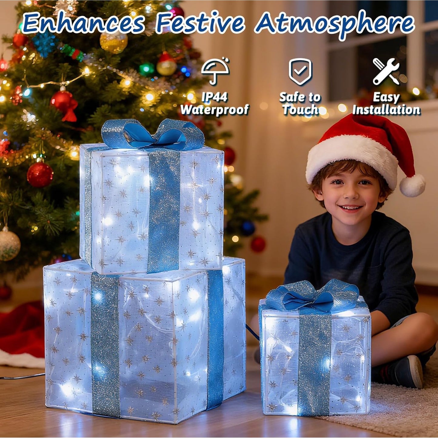 Aship Christmas Lighted Gift Boxes, Lighted Presents with 60 Cold White LEDs, 8 Flash Modes&Timer, Light up Gift Boxes with Plug for Christmas Tree Weddings Party Decorations 3 Pack