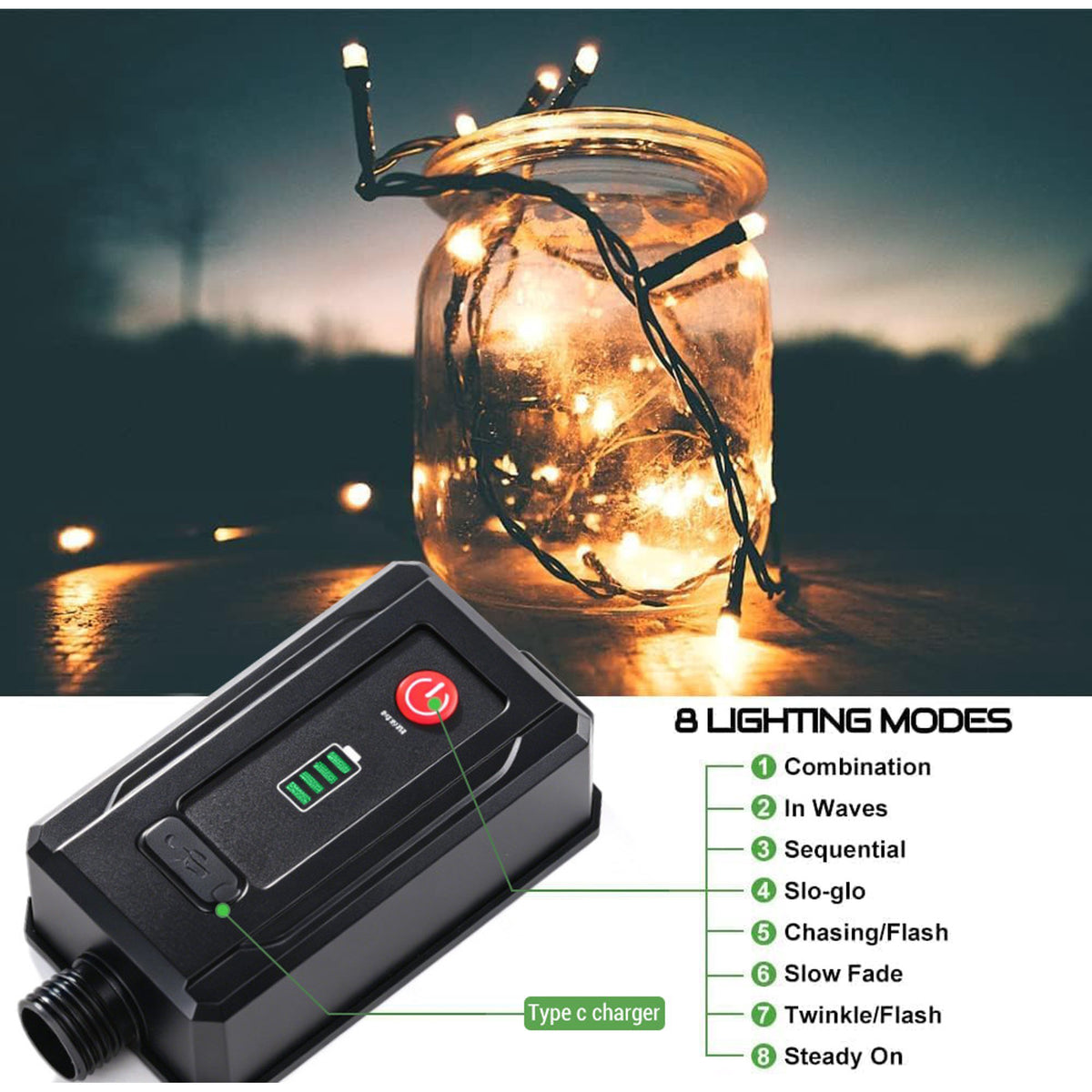 Aship 131ft Bright Christmas Lights Rechargeable, 300 Warm White LED Christmas String Lights with Timer & 8 Modes, IP44 Waterproof Christmas Decorations for Indoor Outdoor Xmas Party Yard Garden