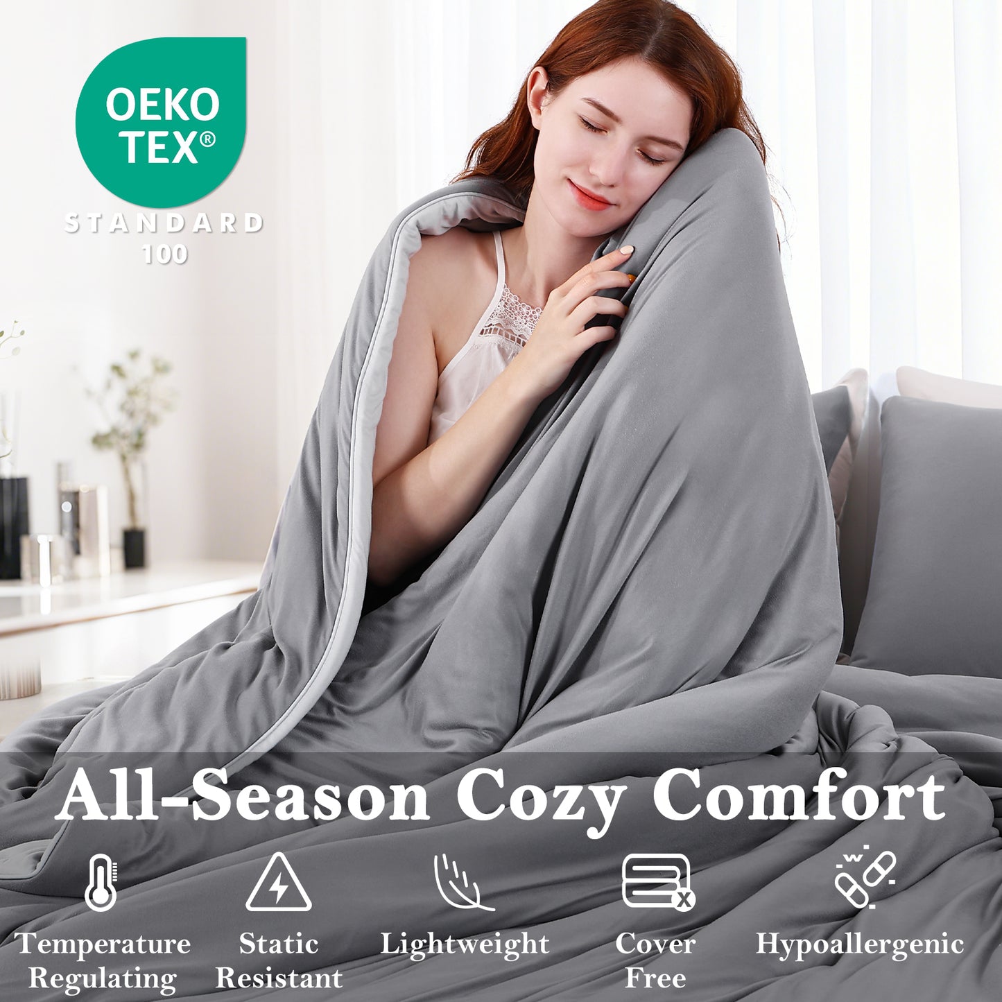 Aship Queen Comforter Set, 3Pcs Cozycash PCM Bedding Set with Temperature Regulating for All Season, Reversible Skin-friendly Bedding, 1Comforter & 2 Pillowcases Beige