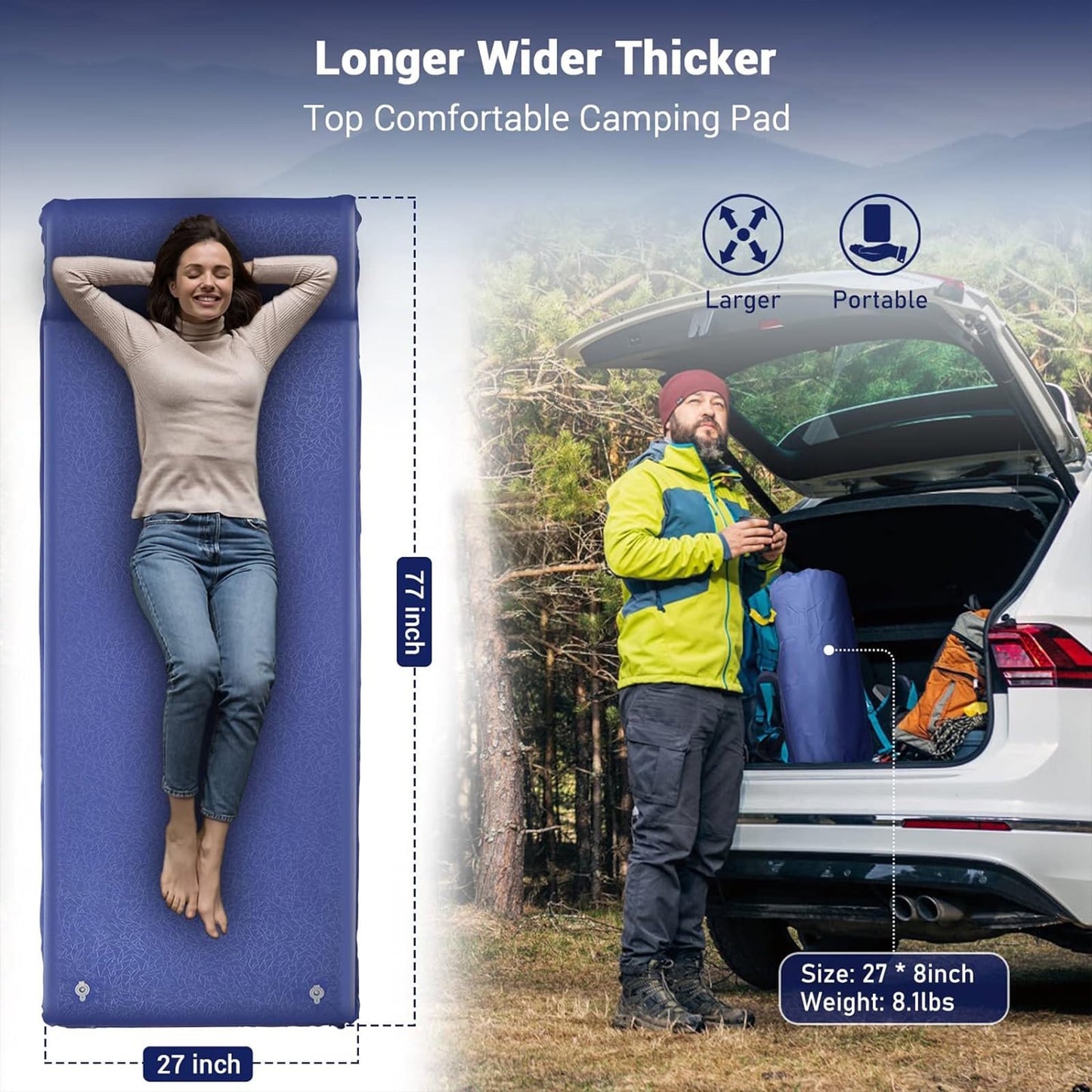 Aship 26D Memory Foam Self Inflating Sleeping Pad, 3.15" Thick Sleeping Mat Camping with Pillow, 800 lbs Camping Mattress, R-Value 9.5 Sleeping Pad for Camping Travel, 27''x77'' Single, Navy Blue