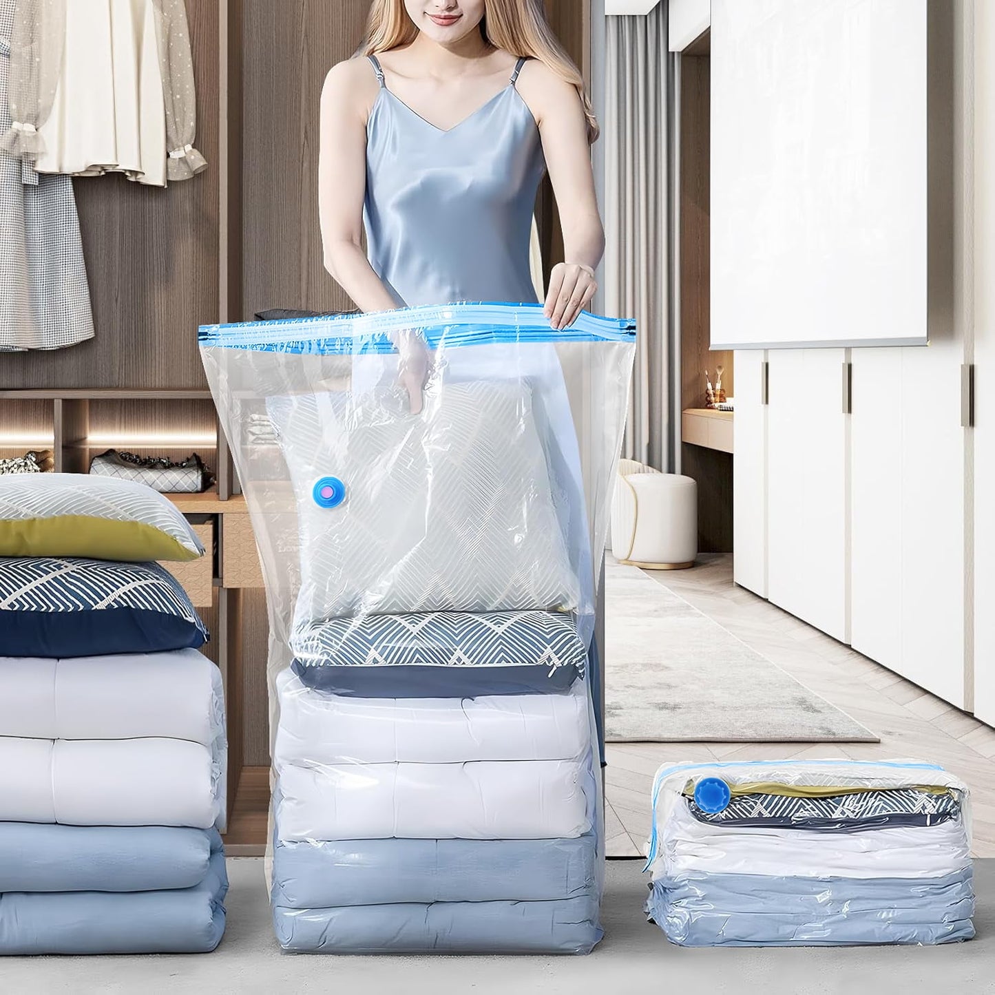 Aship Cube Vacuum Storage Bags, 6 pack Space Saver Bags Combo (2 Super Jumbo + 4 Jumbo + Hand Pump), Large Capacity Vacuum Seal Bags for Clothing Pillows Comforters Quilts Blankets, Closet Storage